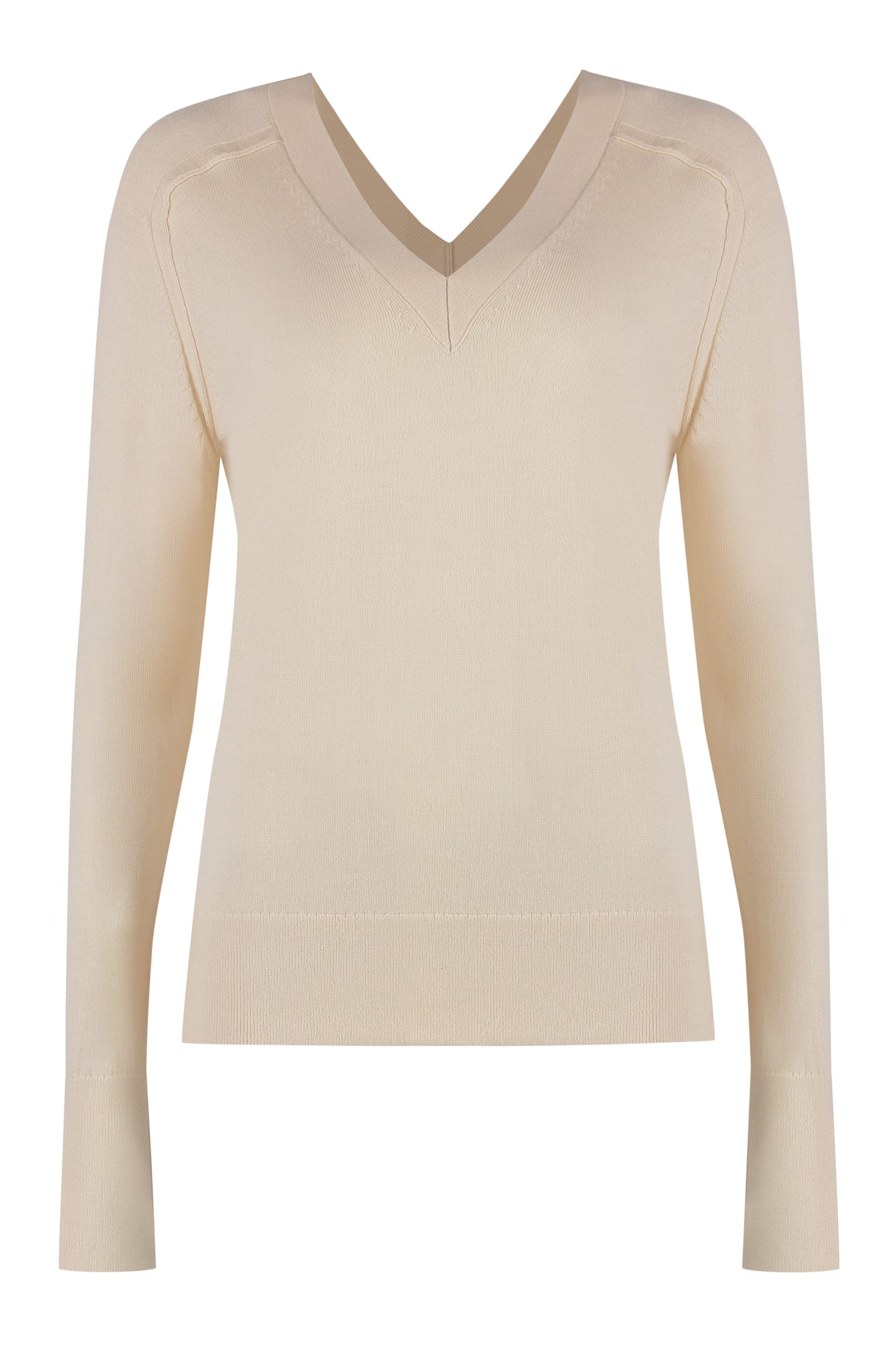 Calvin Klein Wool V-neck Sweater With Ribbed Knit In Panna