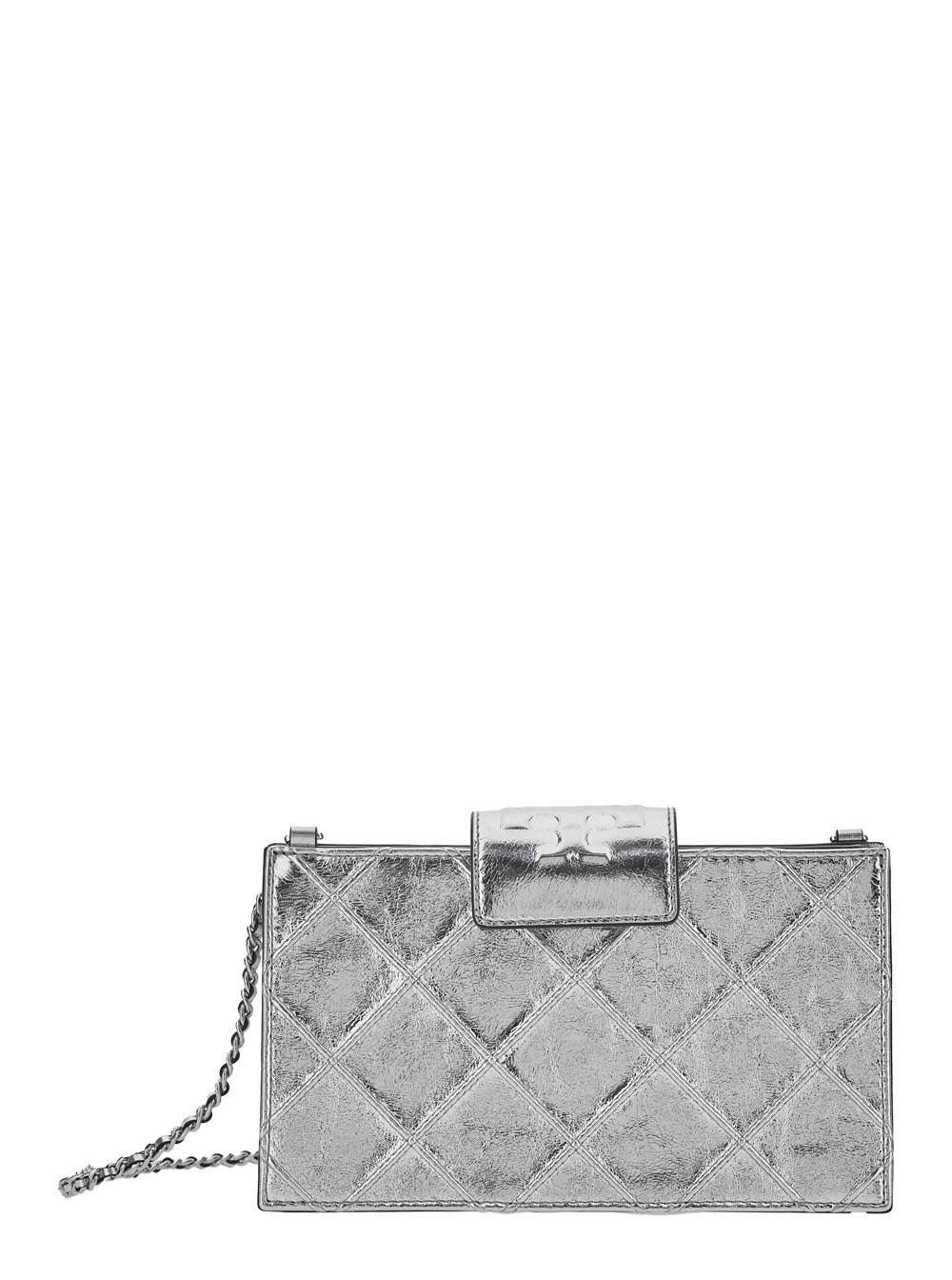 Tory Burch Fleming Mini Metallic Crossbody Bag With Chain Shoulder Strap And Quilted Design In Leather Woman In Silver