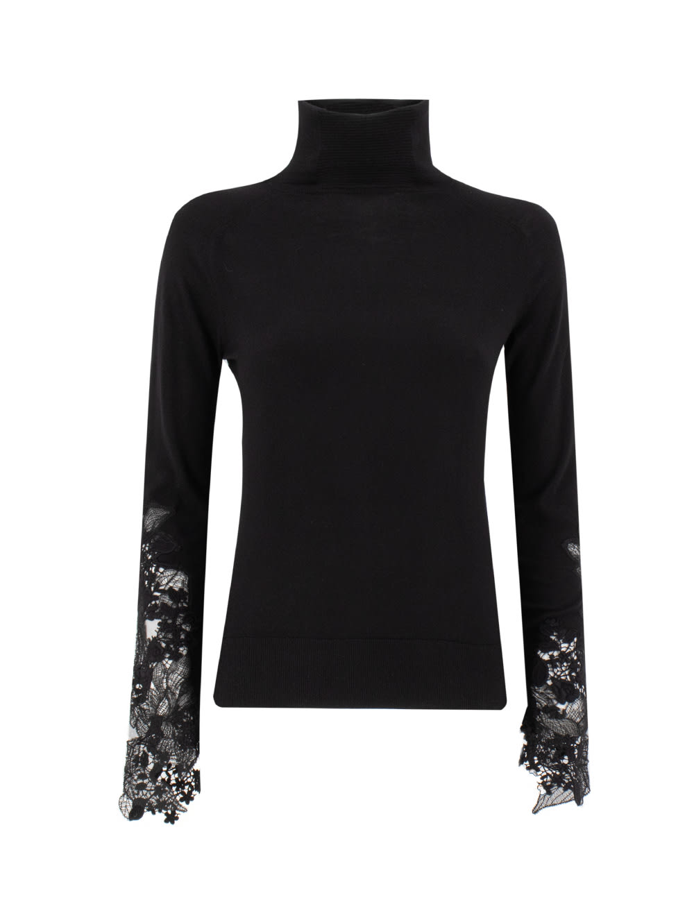 Ermanno Scervino Black Turtleneck With Floral Lace On The Sleeves