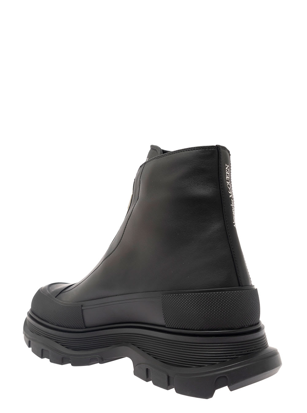 Shop Alexander Mcqueen Black Zip-up Ankle Boots And Embossed Logo In Leather Man In Nero