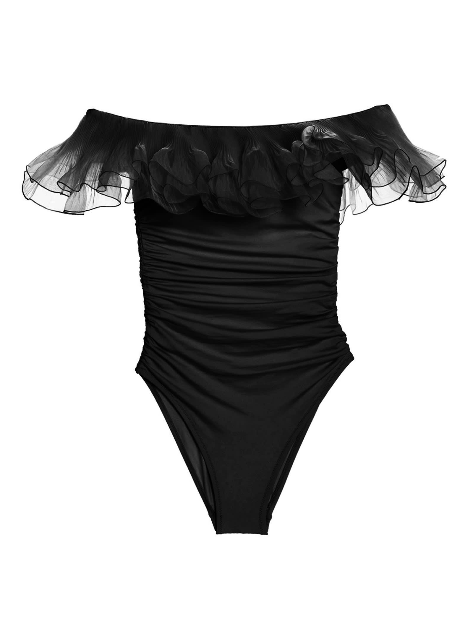 Shop Giambattista Valli One-piece Off-the-shoulder Ruffles Swimsuit In Black
