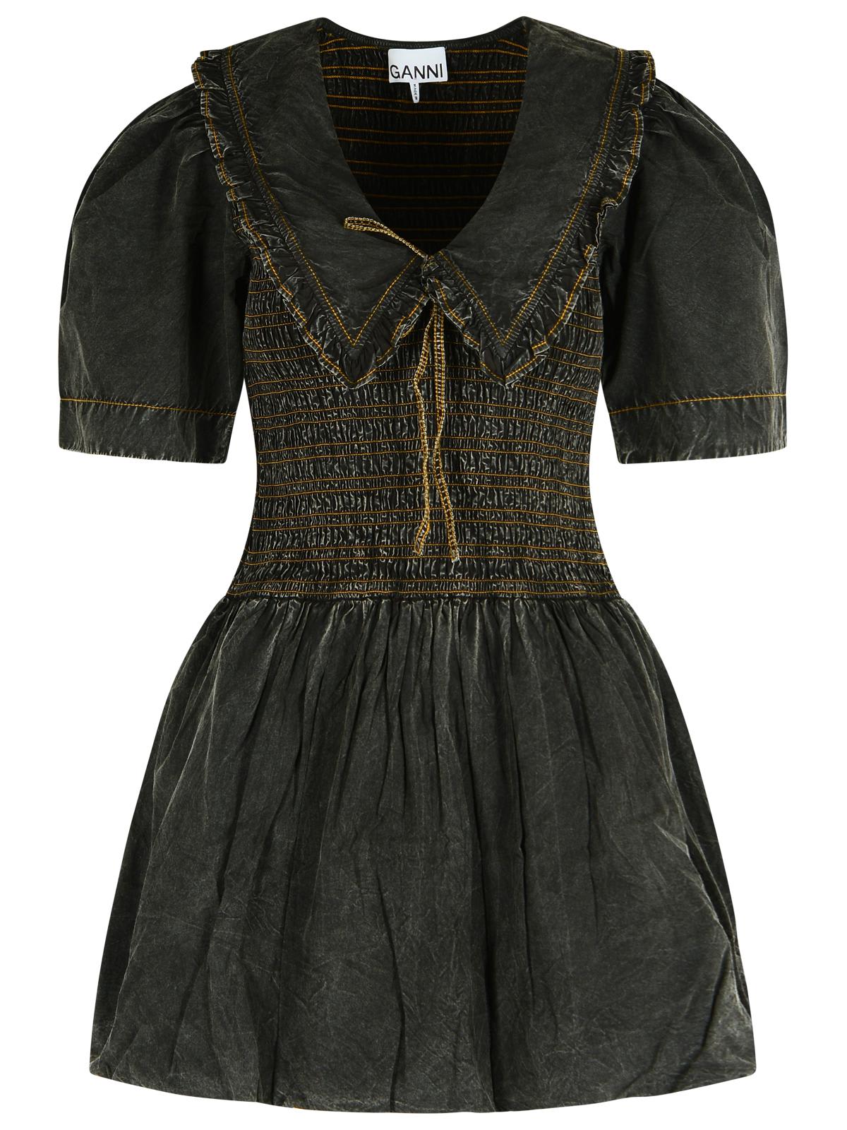 Ganni Cotton Dress With Puff Sleeves And Ruffled Collar In Black