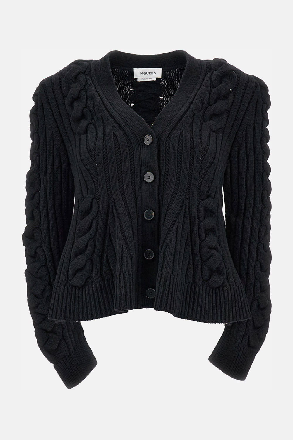 Alexander Mcqueen Cable- Knit Peplum Cardigan In Black
