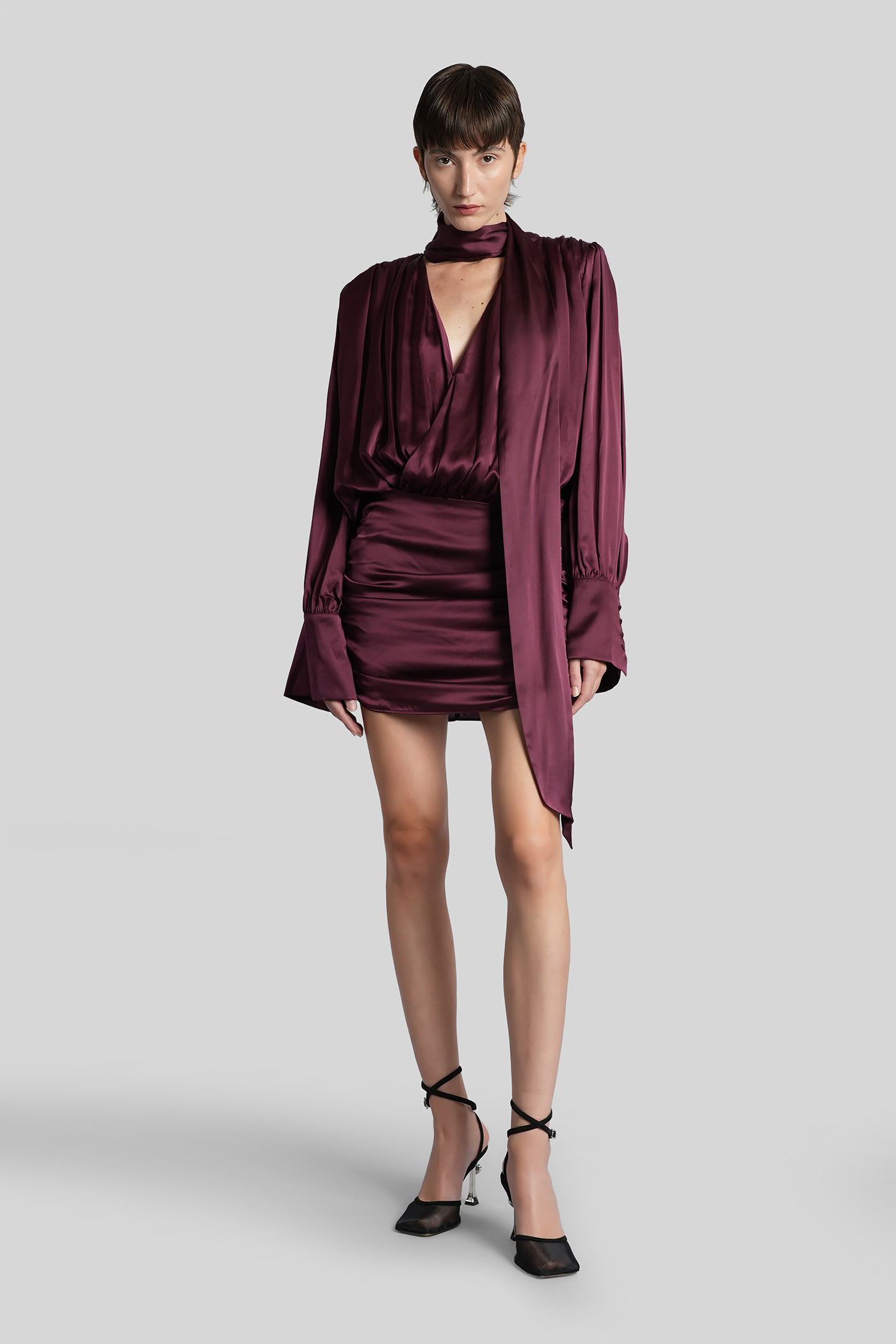 Rotate Birger Christensen Bordeaux Draped Silk Mini Dress In Burgundy