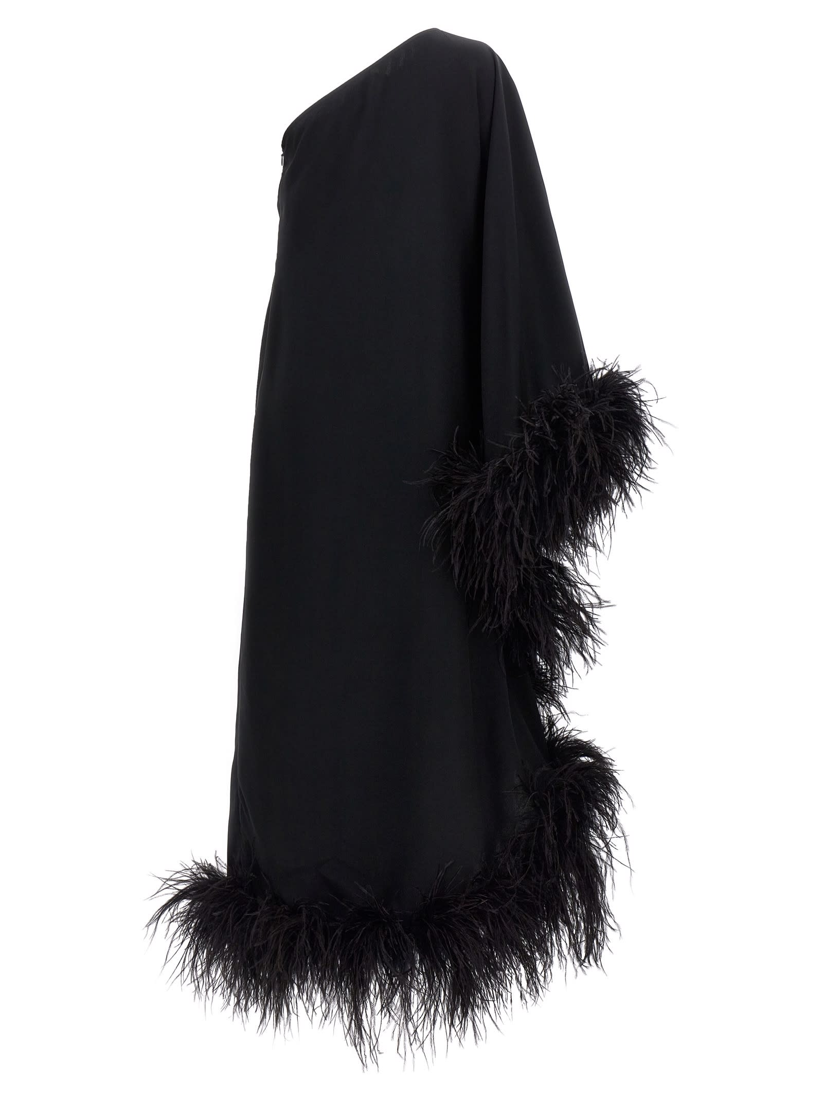 Taller Marmo Ubud One-shoulder Feather-trimmed Crepe Maxi Dress In Nero