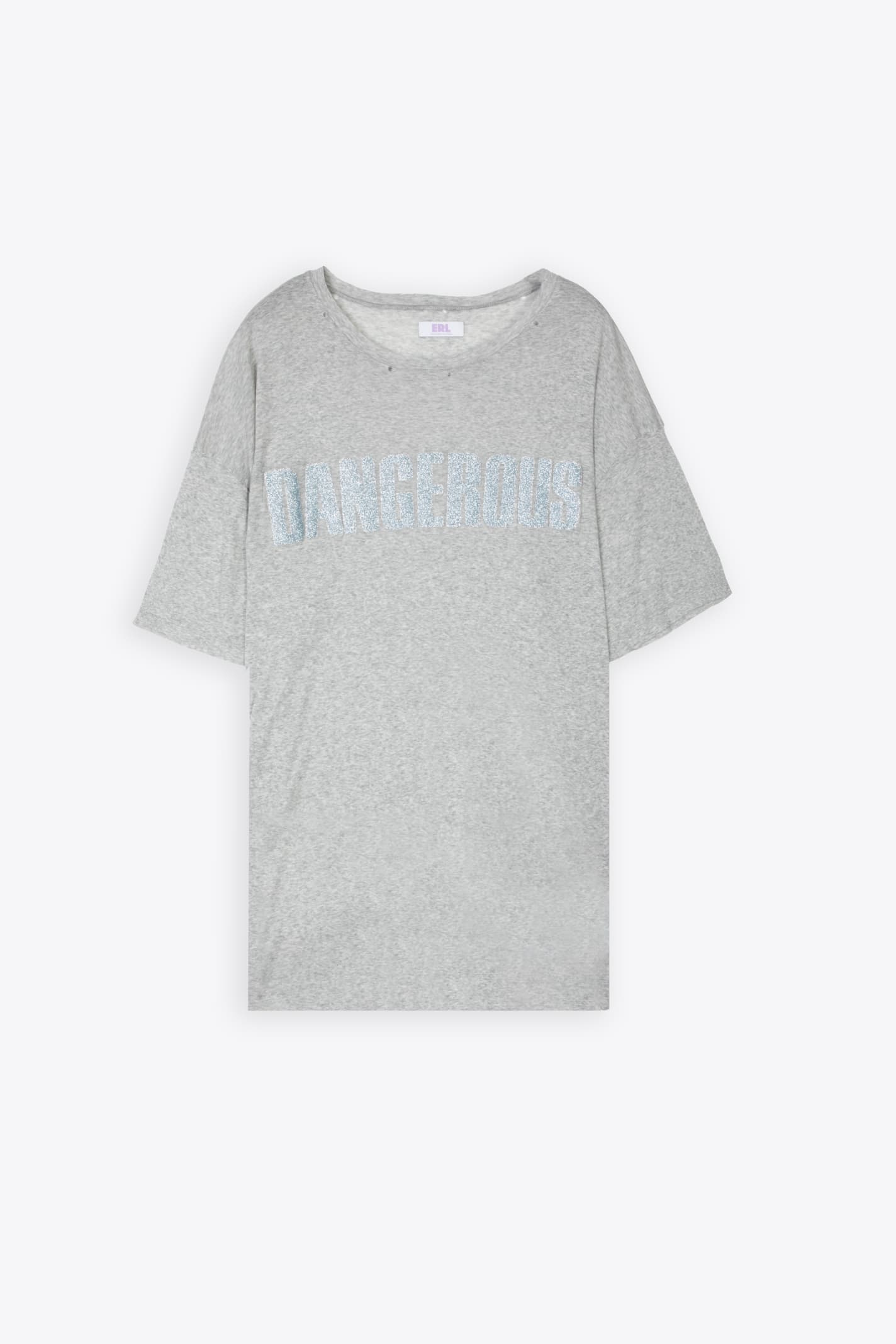 Shop Erl Unisex Logo Light Jersey Tshirt Knit Melange Grey Distressed Jersey T-shirt Glitter Text Dangerous - In Grigio