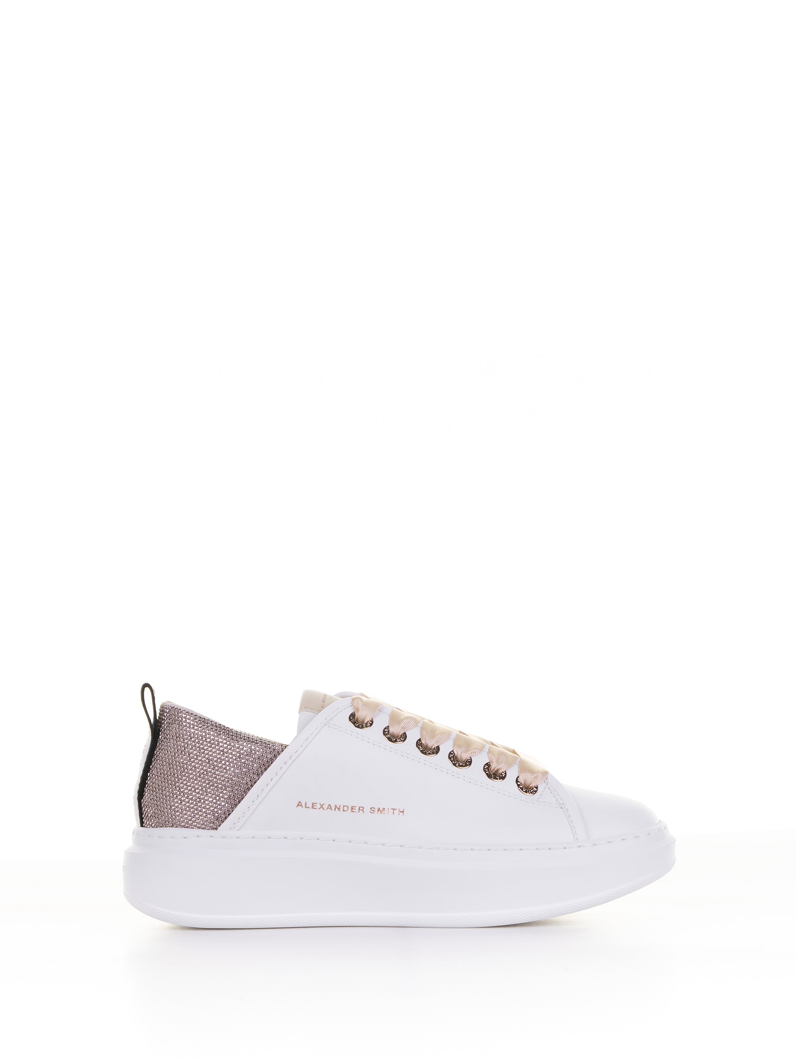 Alexander Smith Wembley Sneaker In Leather And Rhinestones In White Beige