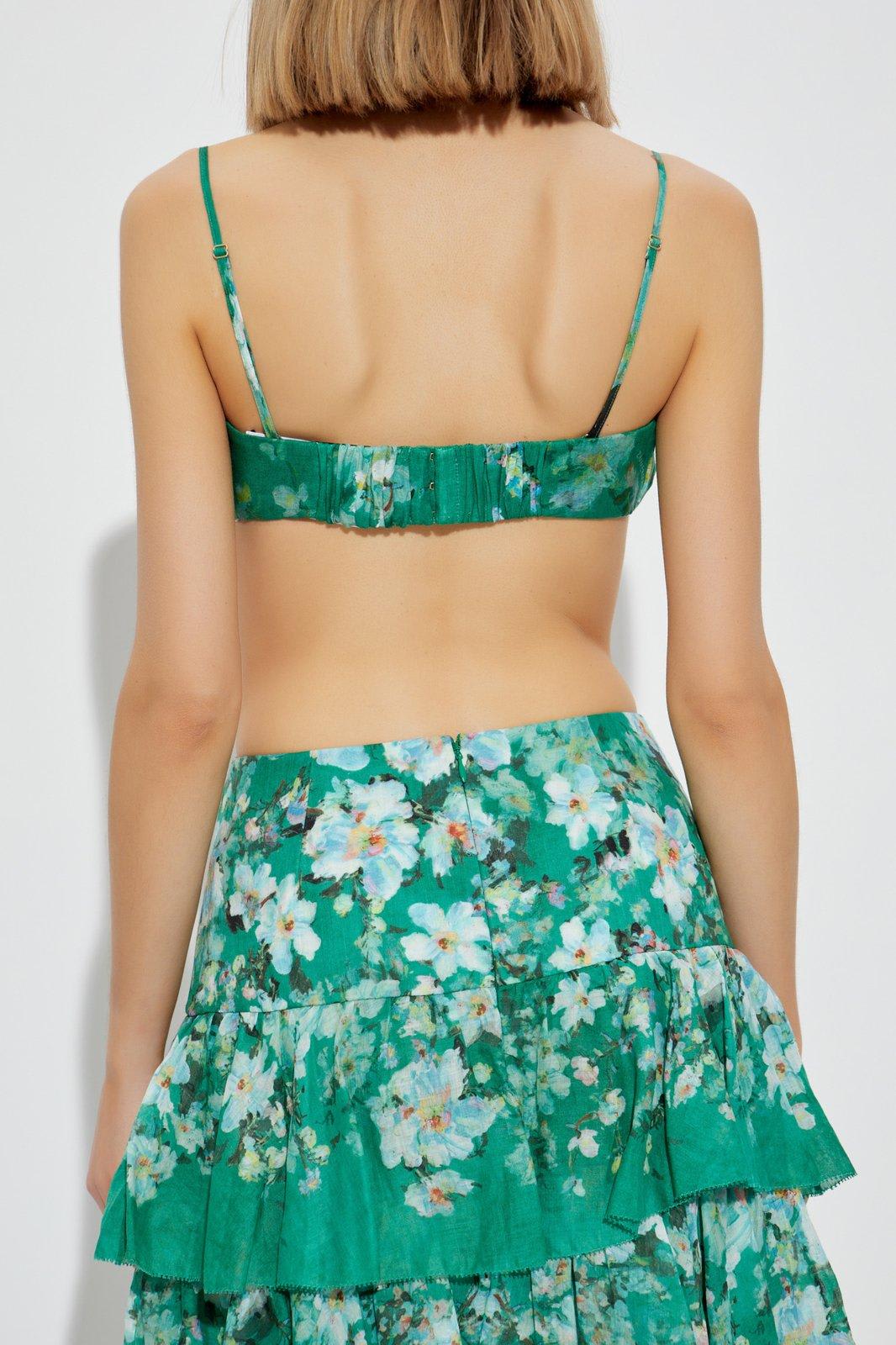 Zimmermann Womens Everley Bow Floral-pattern Linen Bralette Green Watercolour Floral In Green