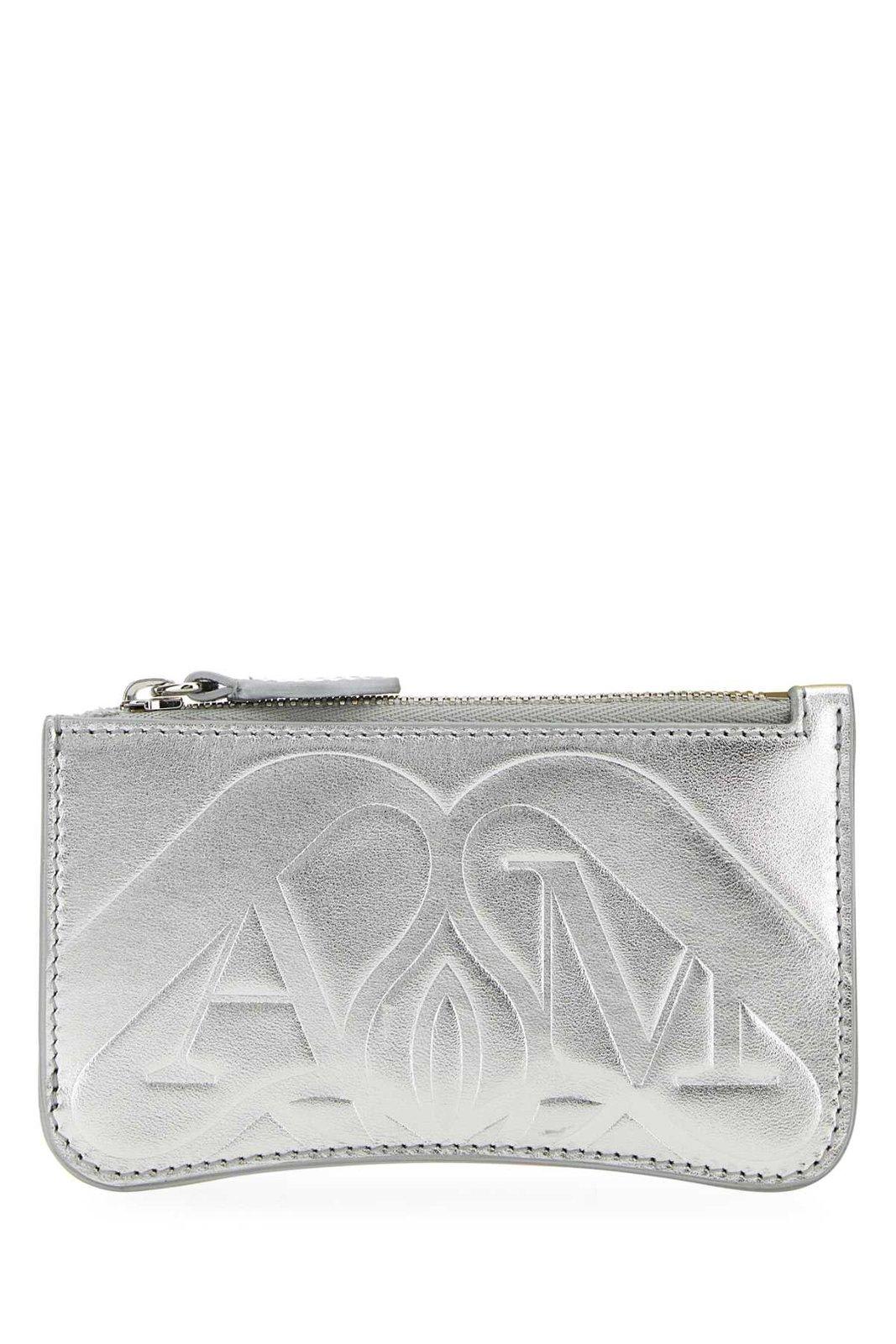 Shop Alexander Mcqueen Logo Embossed Zipped Wallet In Argento