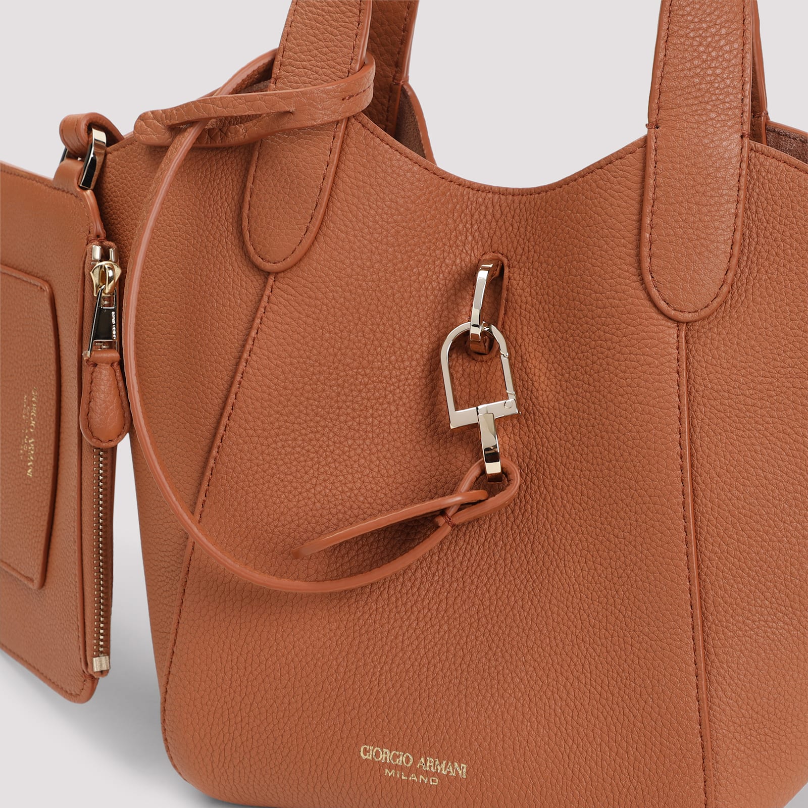 Giorgio Armani Logo Stamp Leather Top Handle Bag In Honey