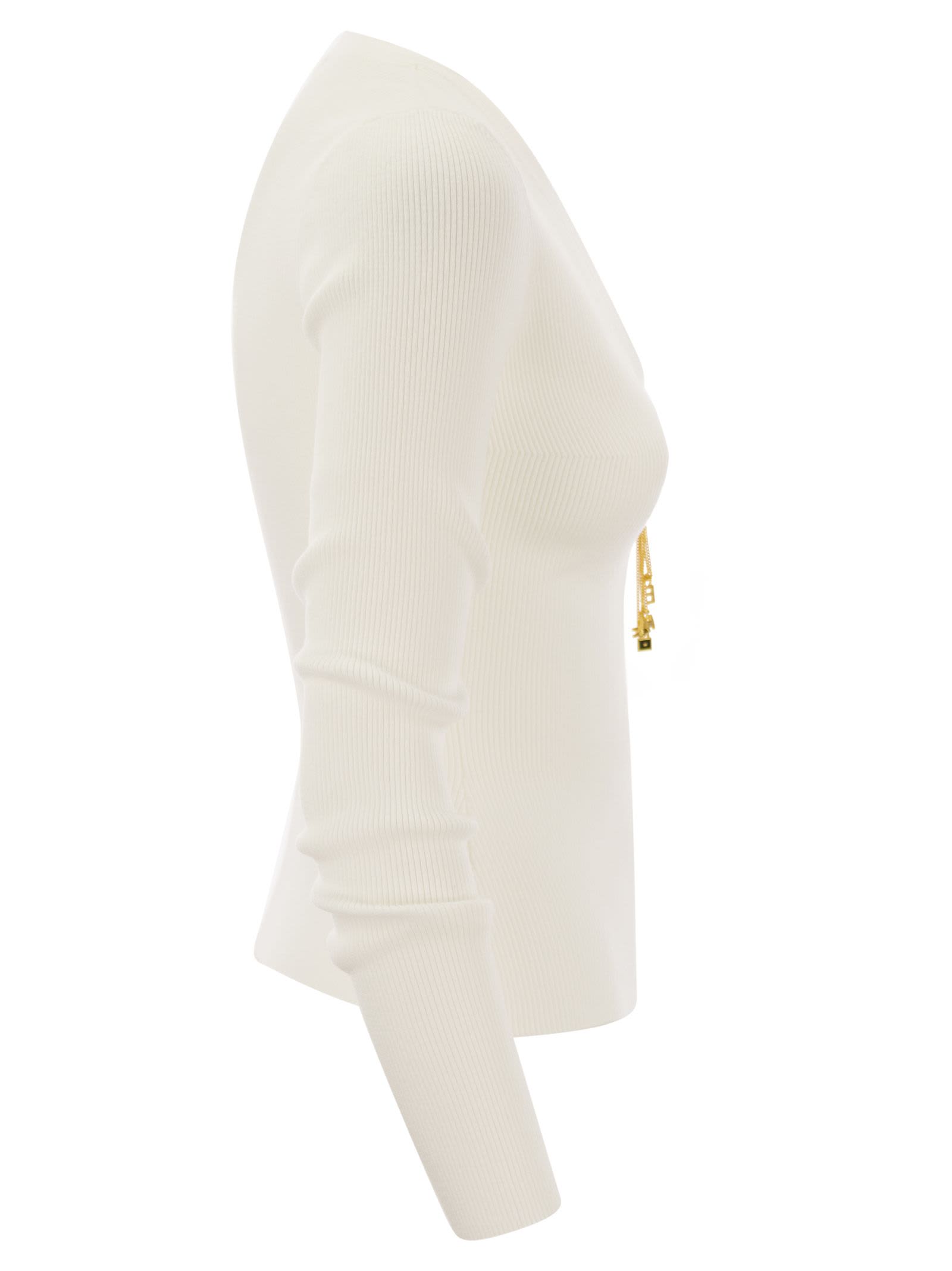 Shop Elisabetta Franchi Long-sleeved Ribbed Viscose Top With Necklace In White