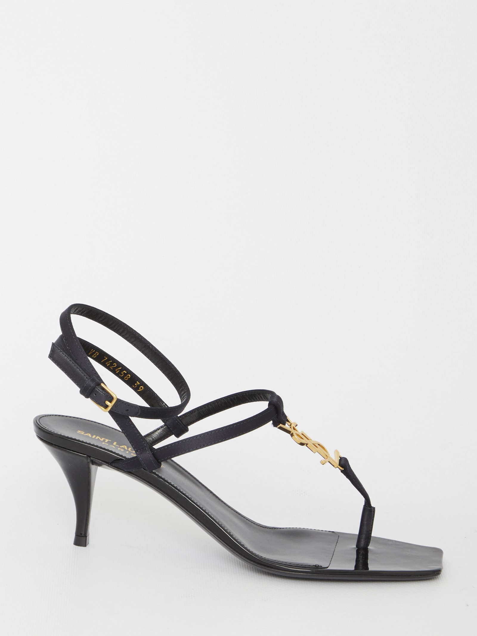 Saint Laurent Cassandra Sandals In Smooth Leather With Gold Monogram In Blue