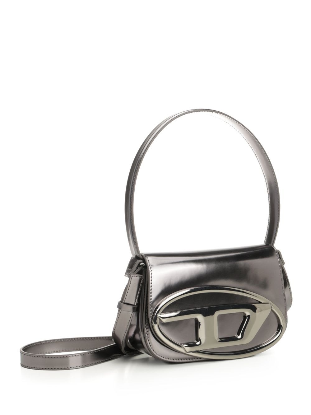 Diesel Oval-d Logo Patent Leather Shoulder Bag In Silver