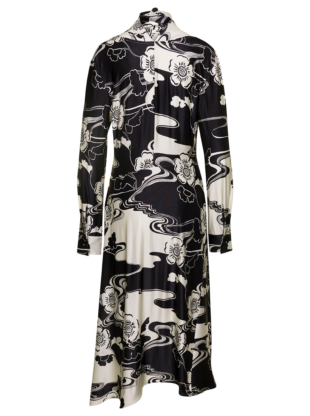 Shop Jil Sander Midi Black And White Floreal Printed Dress With High Neck In Viscose Blend Woman In White/black