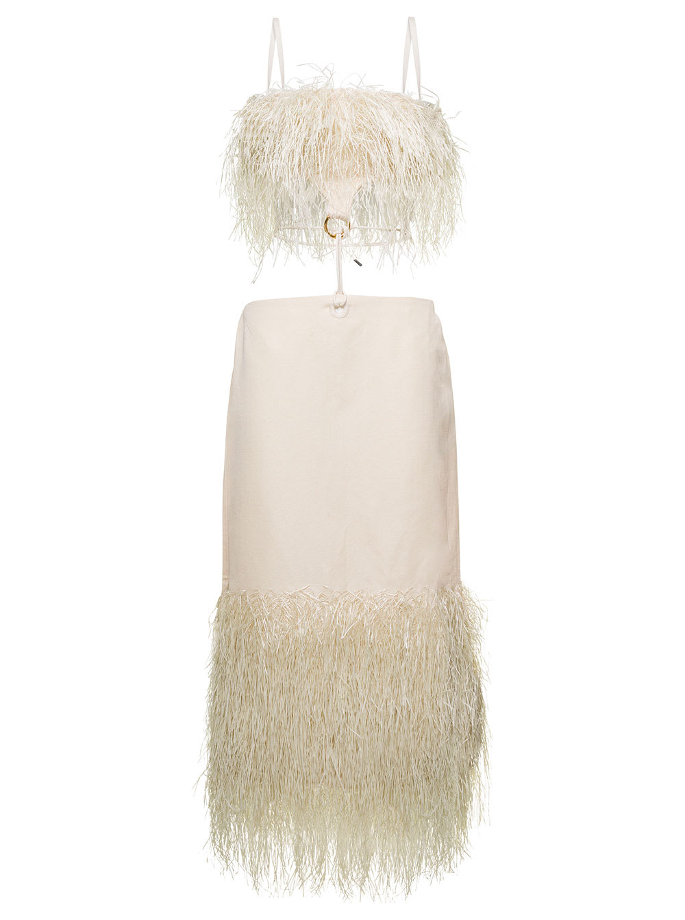 Shop Jacquemus La Robe Raphia Midi Cream White Dress With Fringes And Cut-out In Cotton Canvas Woman