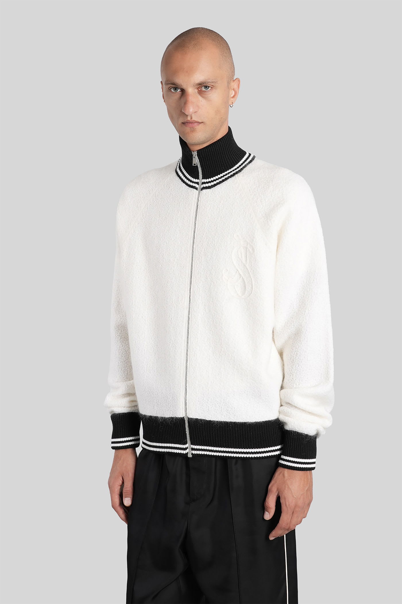 Jil Sander Hn Ls Zip Up Jkt Knitwear In White Wool In Animal Print