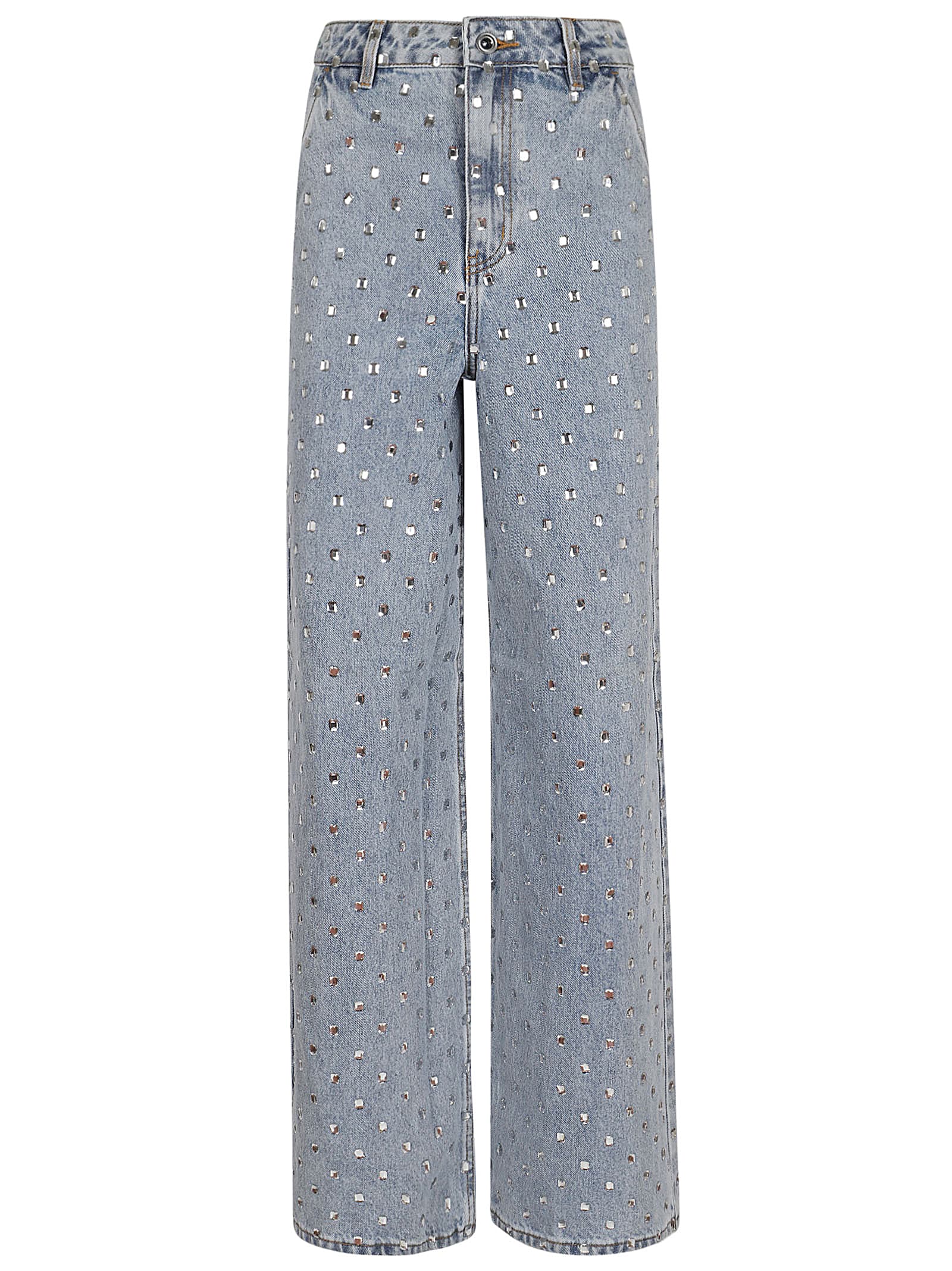 Shop Self-portrait Square Rhinestone Denim Jeans In Light Blue