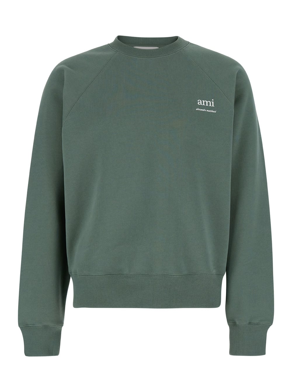 Shop Ami Alexandre Mattiussi Green Crewneck Sweatshirt With Logo Print In Cotton Man In Grey