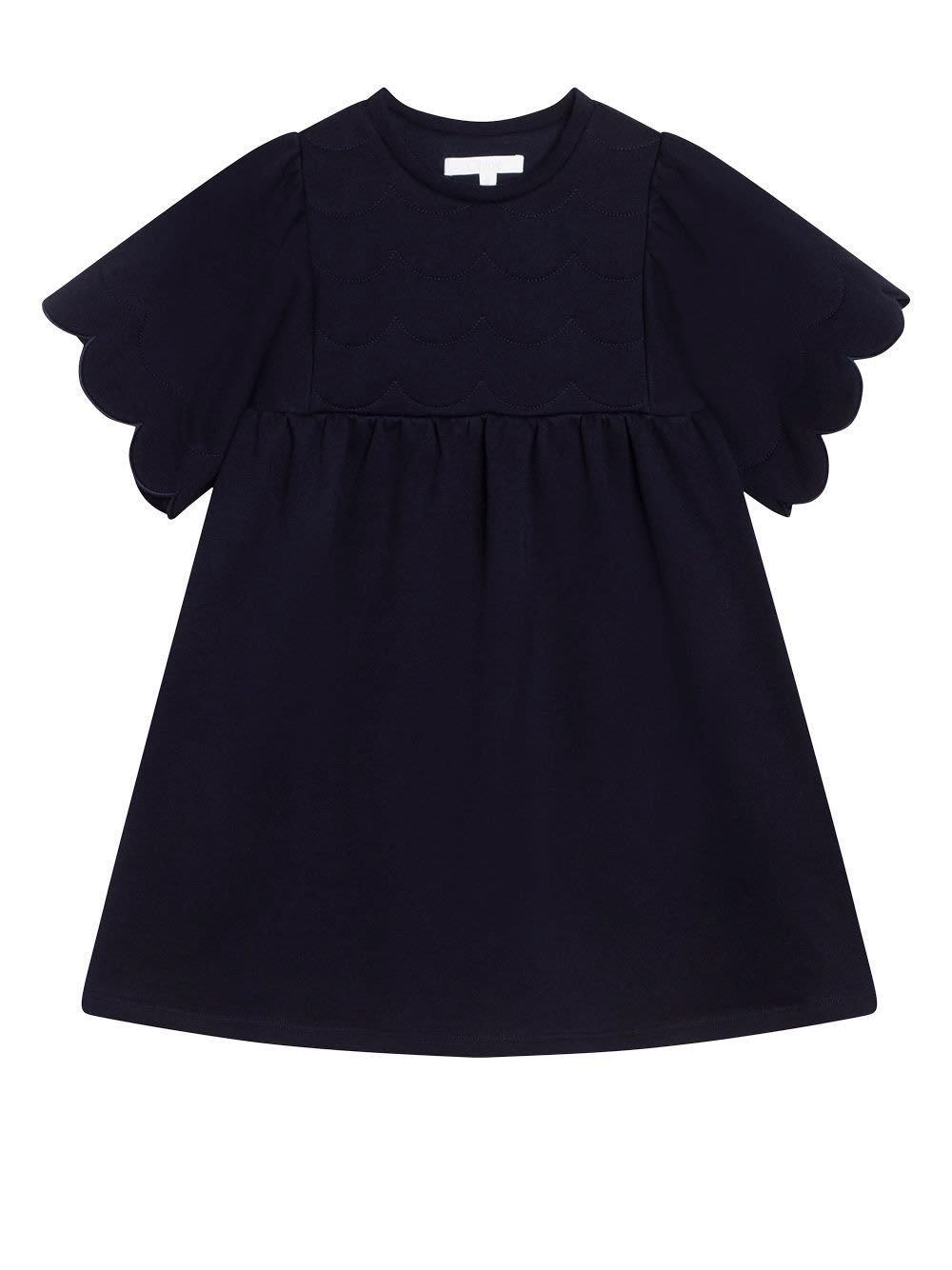 Chloé Kids Navy Blue Dress With Short Scalloped Sleeves