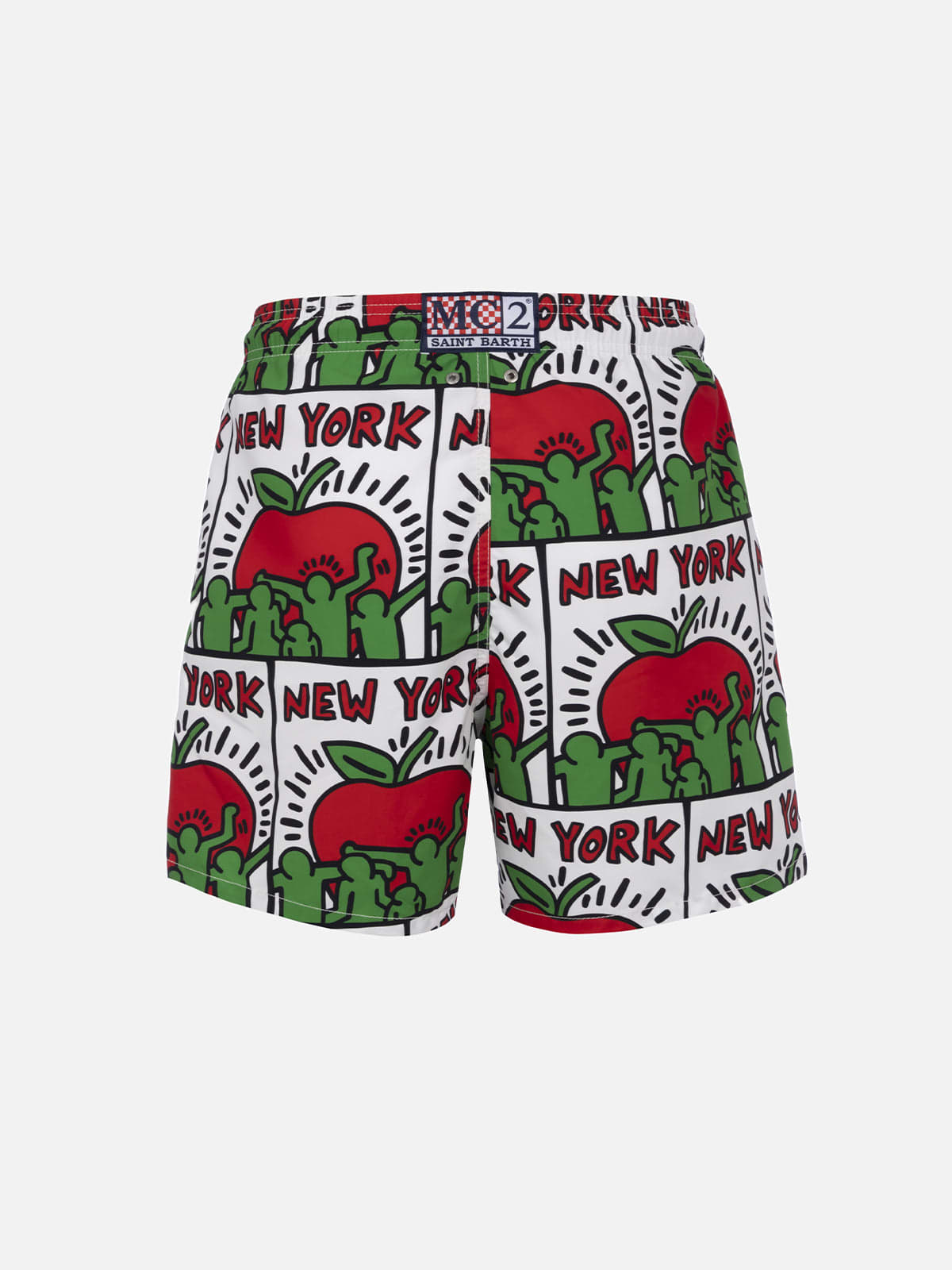 Mc2 Saint Barth Man Mid-length Gustavia Swim-shorts With Keith Haring Design Placed Print Keith Haring Special Editi In White