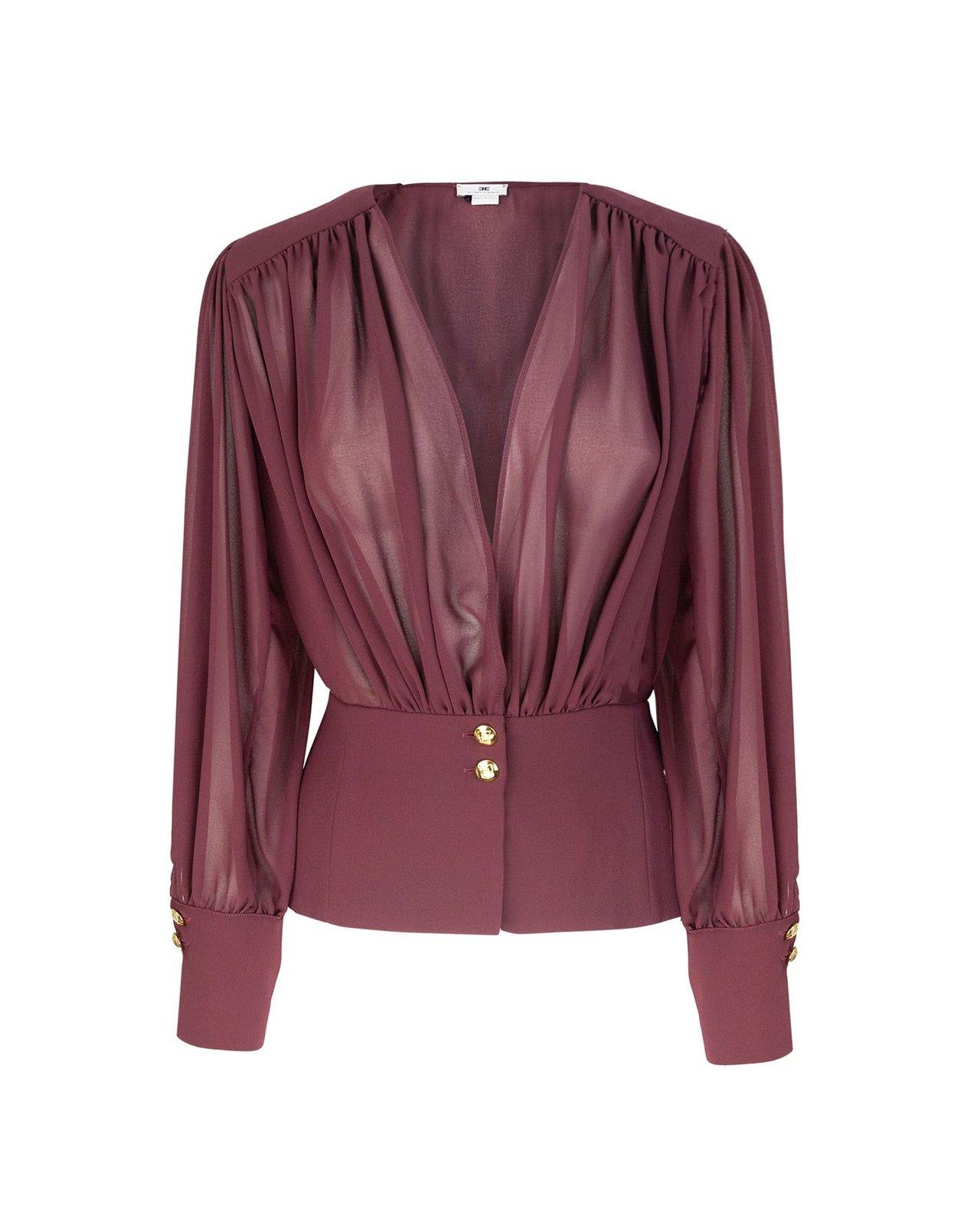 Shop Elisabetta Franchi Long-sleeve V-neck Top In Rouge Noir