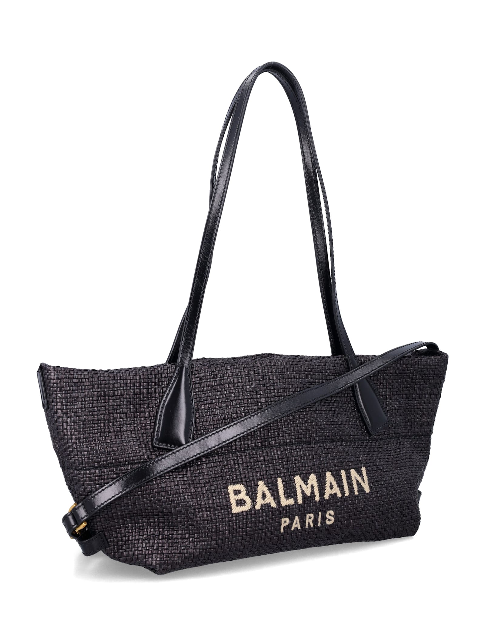 Balmain Small Track Tote Bag In Raffia In Black