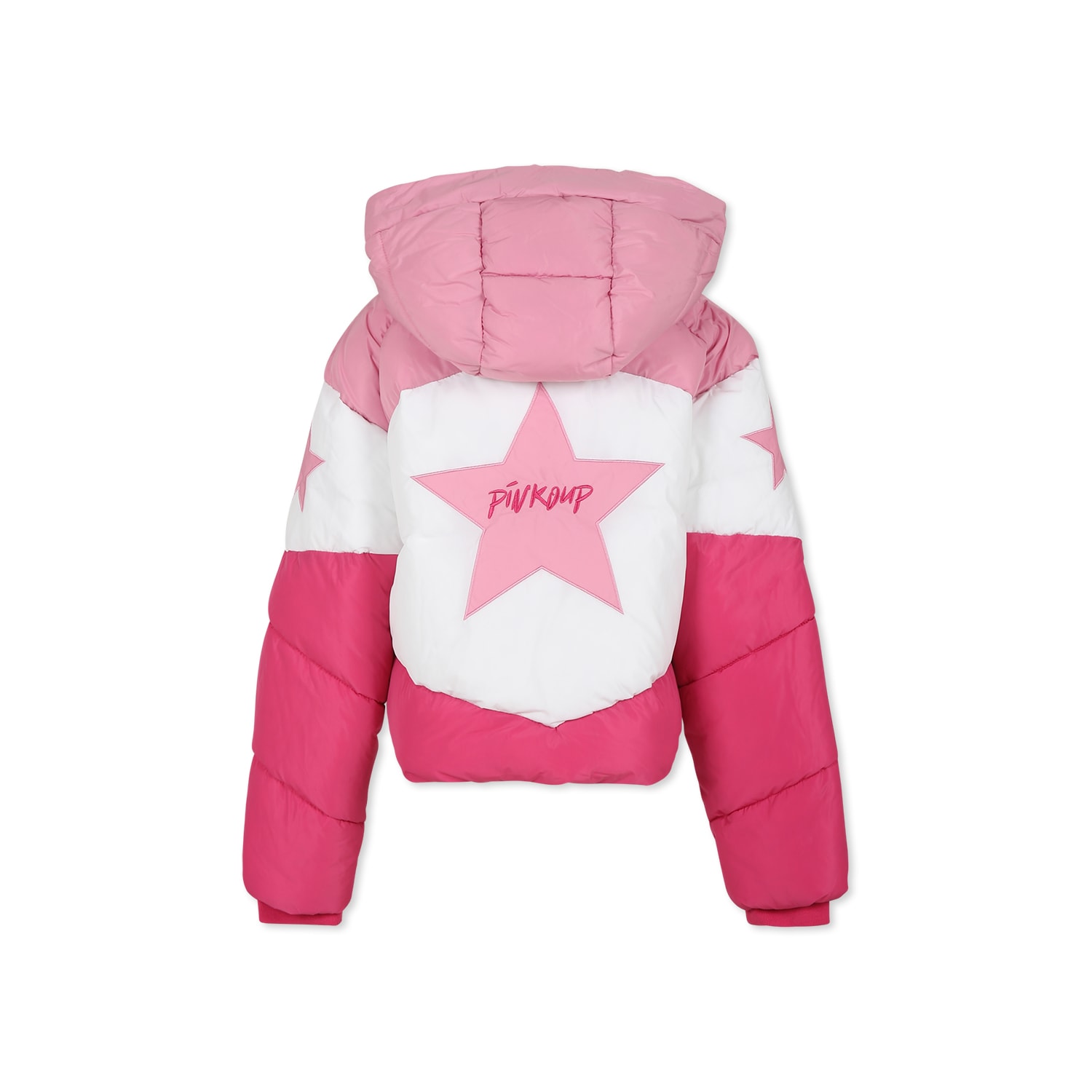 Pinko Pink Crop Down Jacket For Girl With Logo In Multicolor