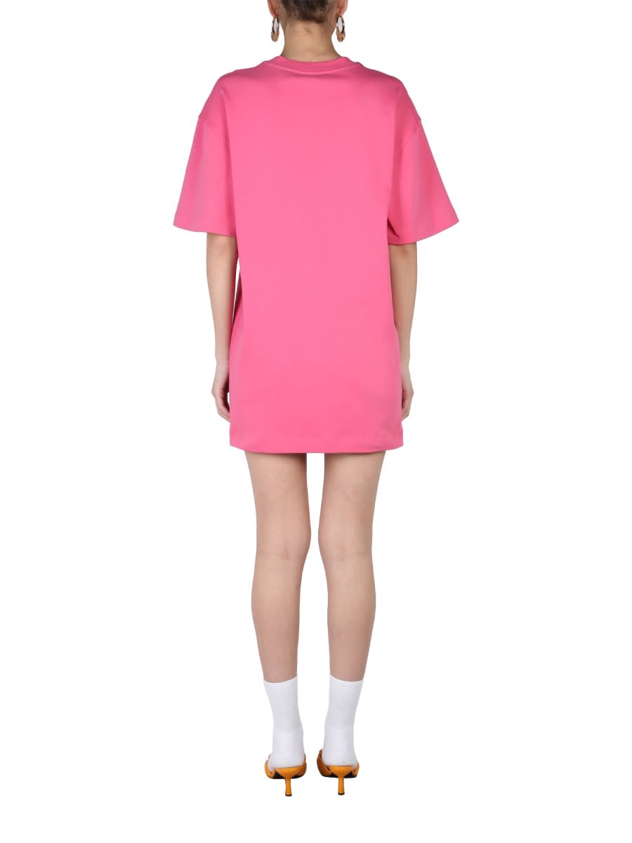 Shop Moschino Flocked Logo Dress In Fuchsia