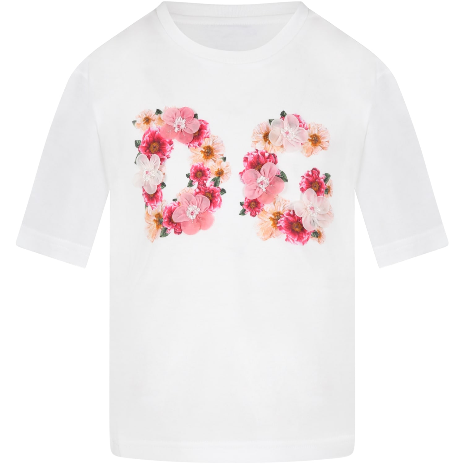 Dolce & Gabbana White T-shirt For Girl With Flowers