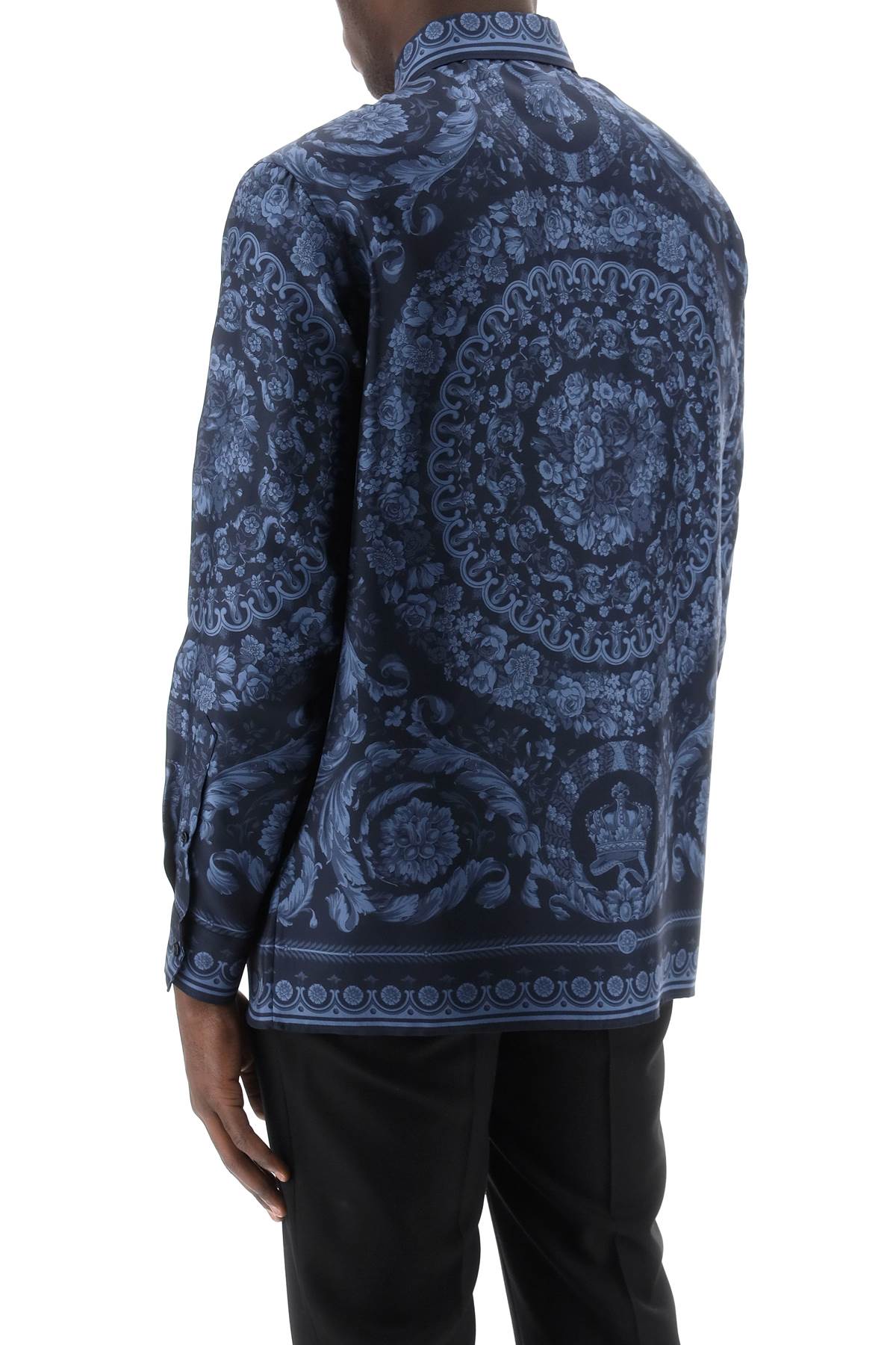Shop Versace Barocco Silk Shirt In Navy Blue (blue)