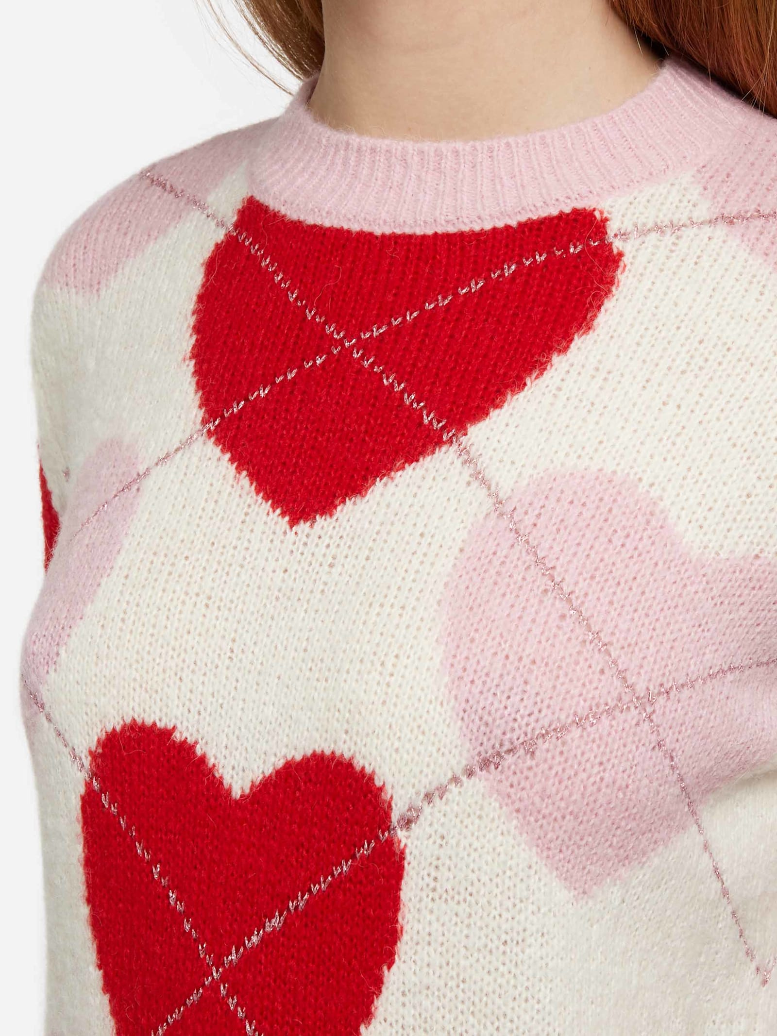 Mc2 Saint Barth Woman Crewneck Soft Sweater Queen Nordic Soft With Heart Jacquard In Pink
