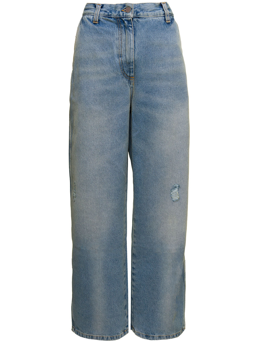 Shop Palm Angels Light Blue Paris Ripped Jeans With Wide Leg In Cotton Denim Woman