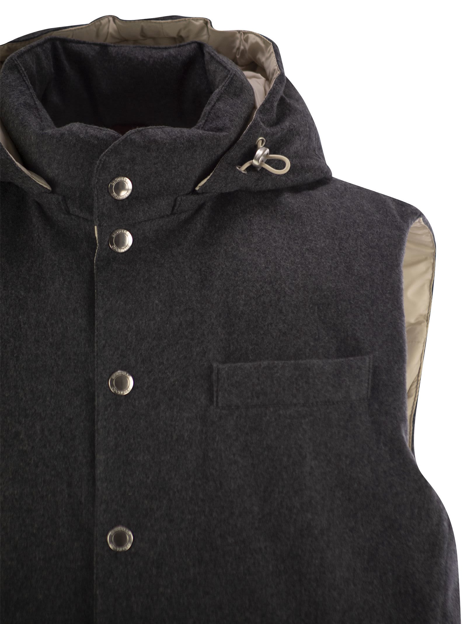 Shop Brunello Cucinelli Sleeveless Down Jacket In Membraned Wool Flannel With Detachable Hood In Grey