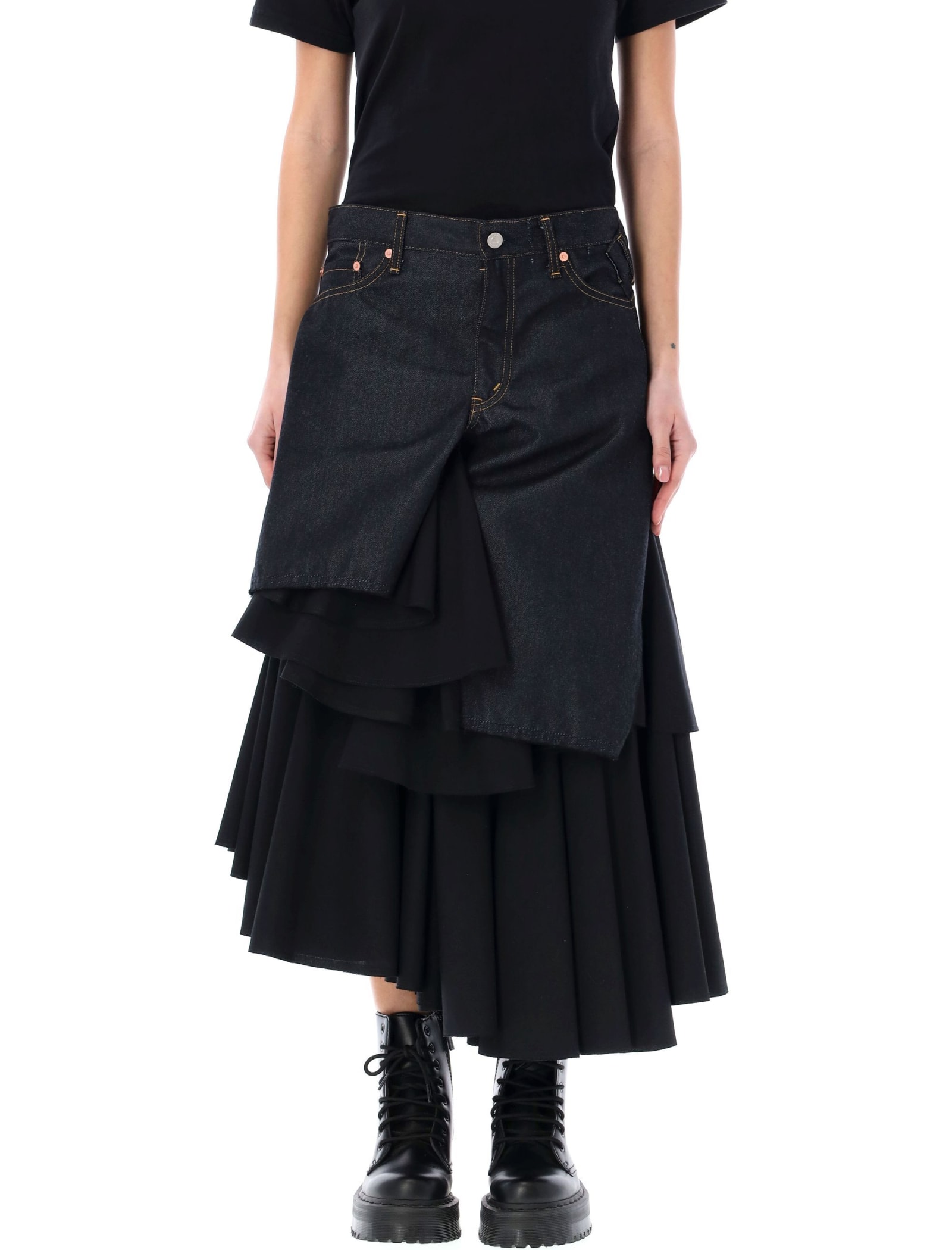 Shop Junya Watanabe Panelled Asymmetric Levis Midi Skirt In Indigo Black
