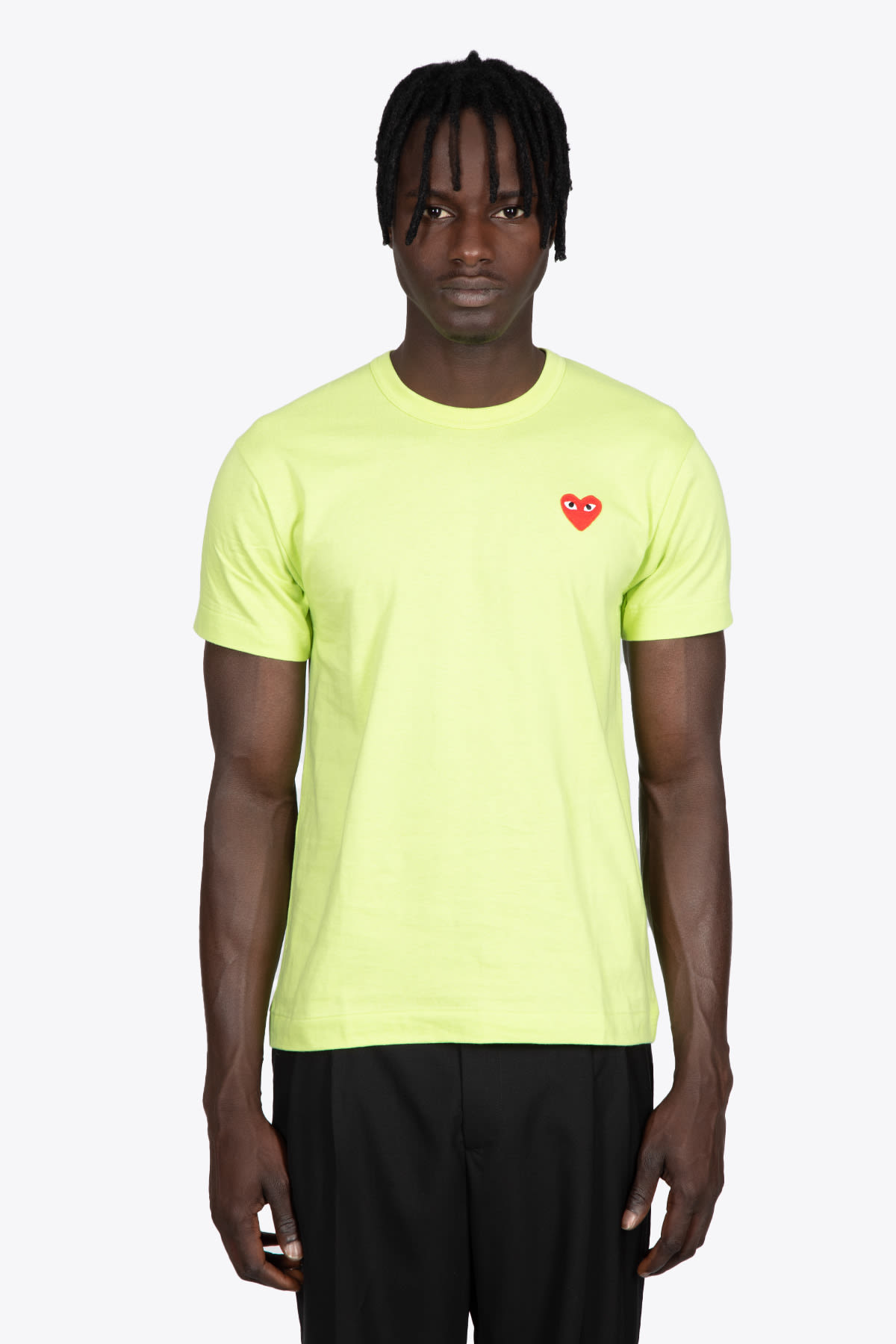 Comme Des Garçons Play mens t-shirt acid green cotton t-shirt with big heart patch