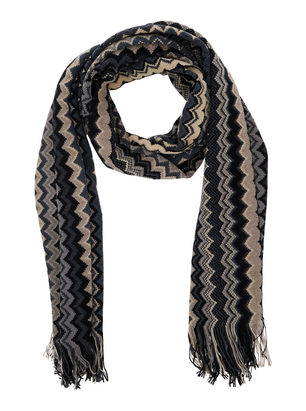Missoni Multicolor Scarf With Zigzag Motif And Fringed Hem In Wool Man In Black