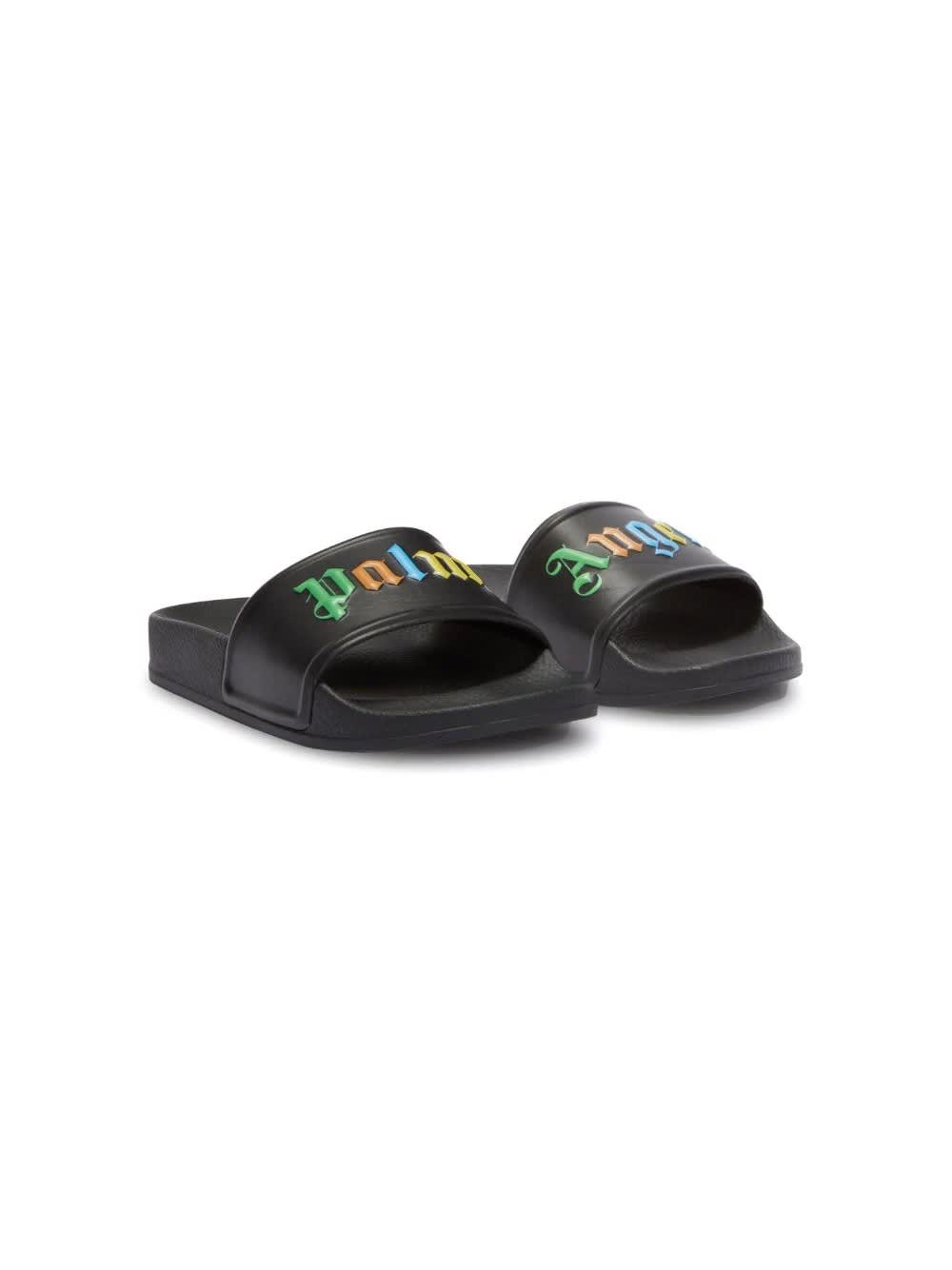 Shop Palm Angels Black Slippers With Multicoloured Logo