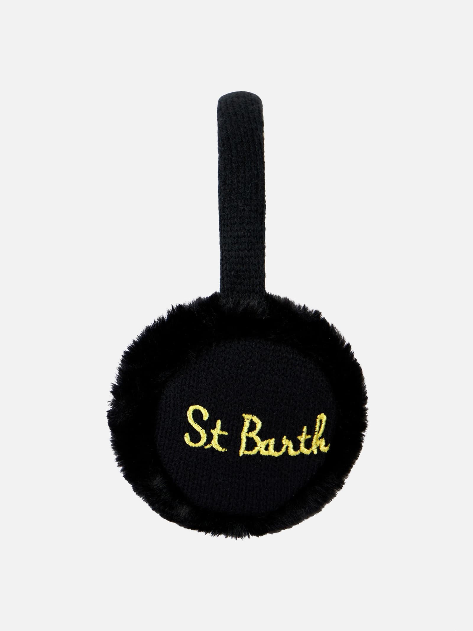 Mc2 Saint Barth Woman Black Tricot Earmuffs With Furry Details In Black