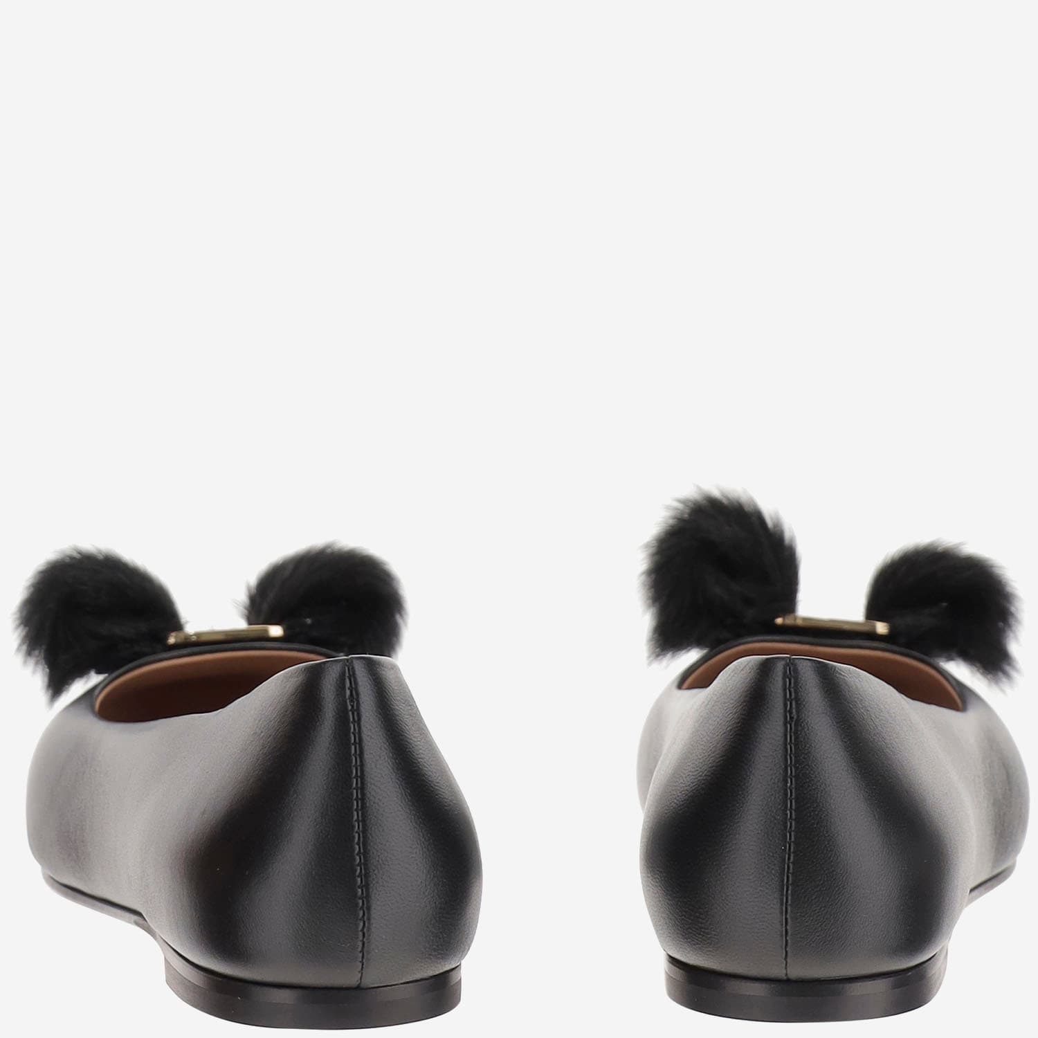 Ferragamo Vara Leather Fur-pompom Ballerina Shoes In Black