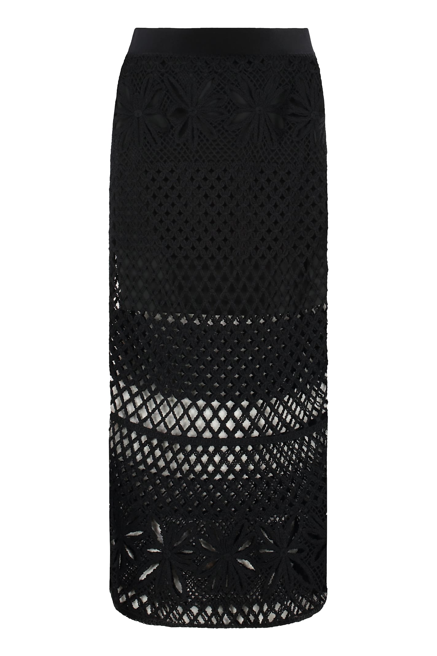 Pinko Black Long Skirt With Perforated Design And Floral Motif In Black