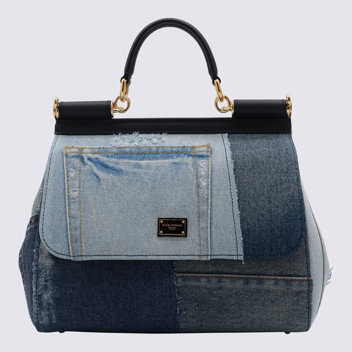 Shop Dolce & Gabbana Denim Leather Sicily Handle Bag