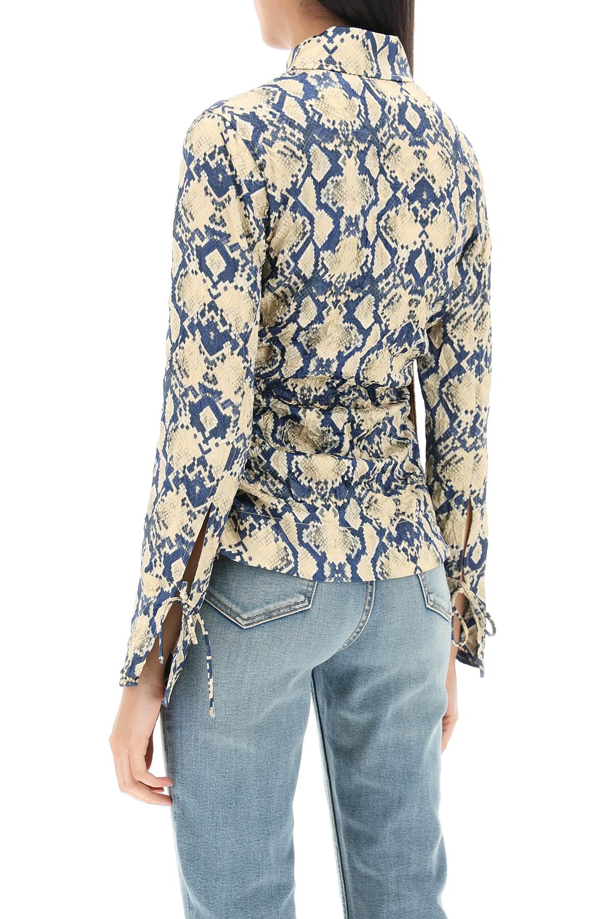 Shop Ganni Crinkled Satin Shirt With Snake Print In Blue/yellow