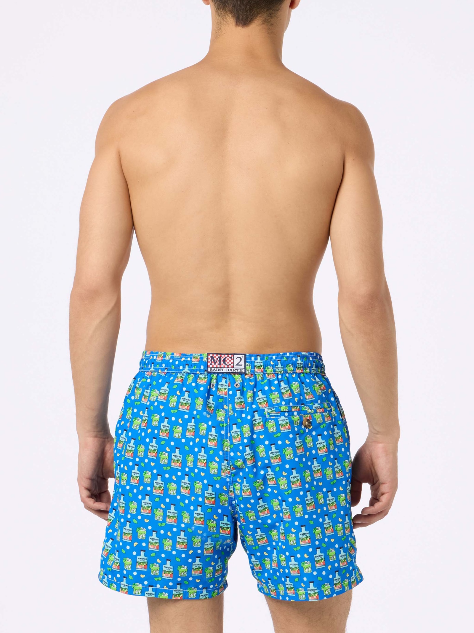 Mc2 Saint Barth Man Lightweight Fabric Swim-shorts Lighting Micro Fantasy With Paloma Portofino Gin Print Portofino In Sky