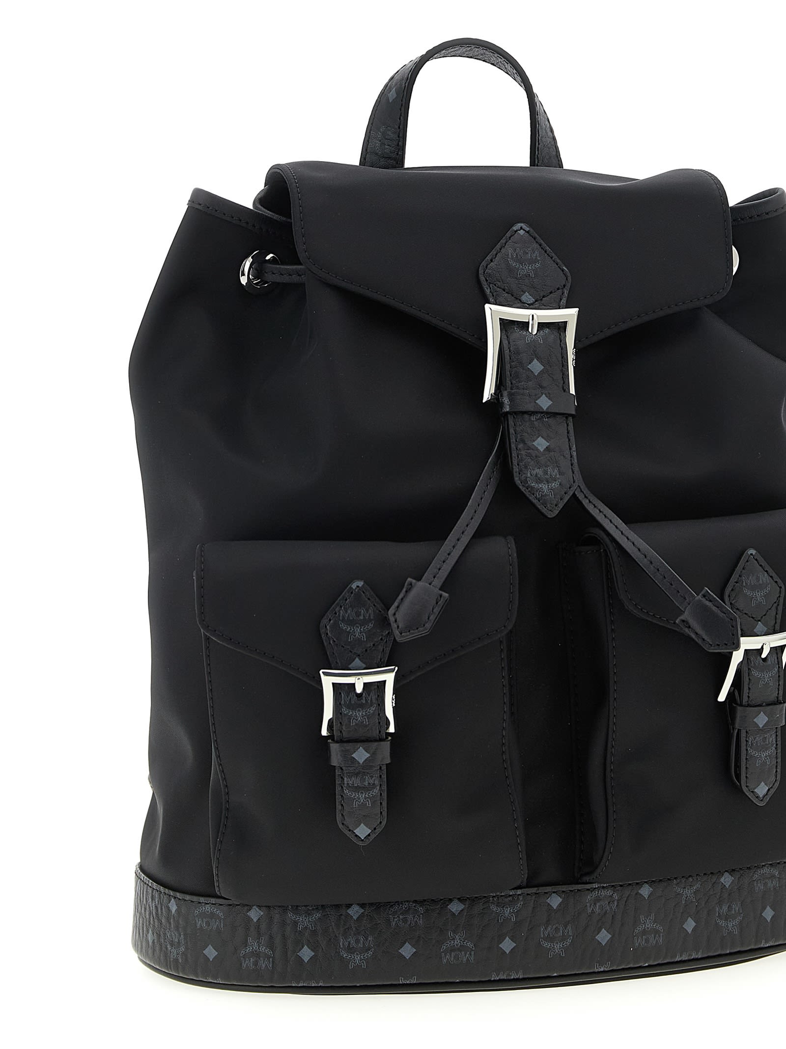 Mcm Aren Leather-trim Nylon Drawstring Backpack In Black
