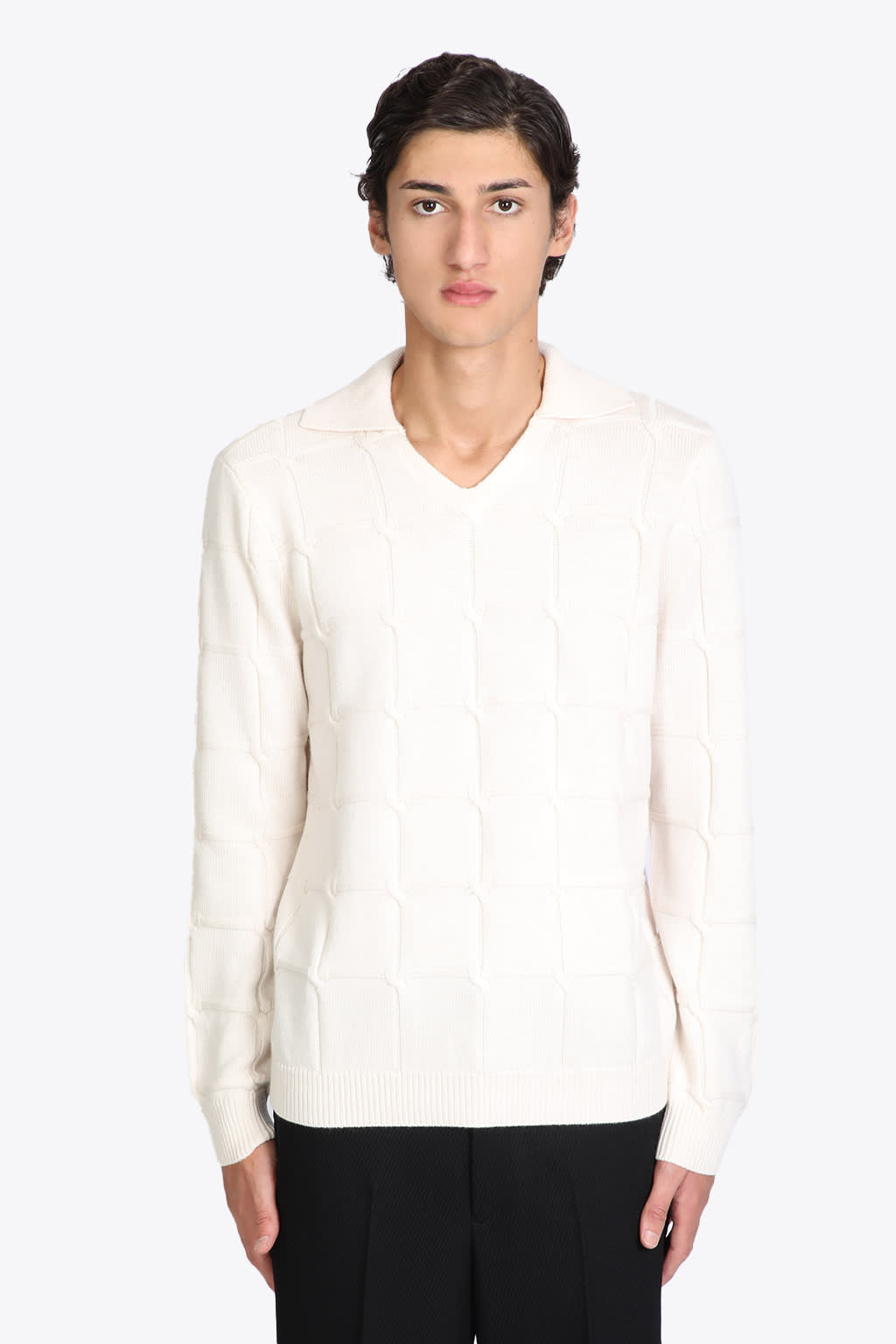 Emporio Armani Pullover Off-white wool cable-knit polo sweater.
