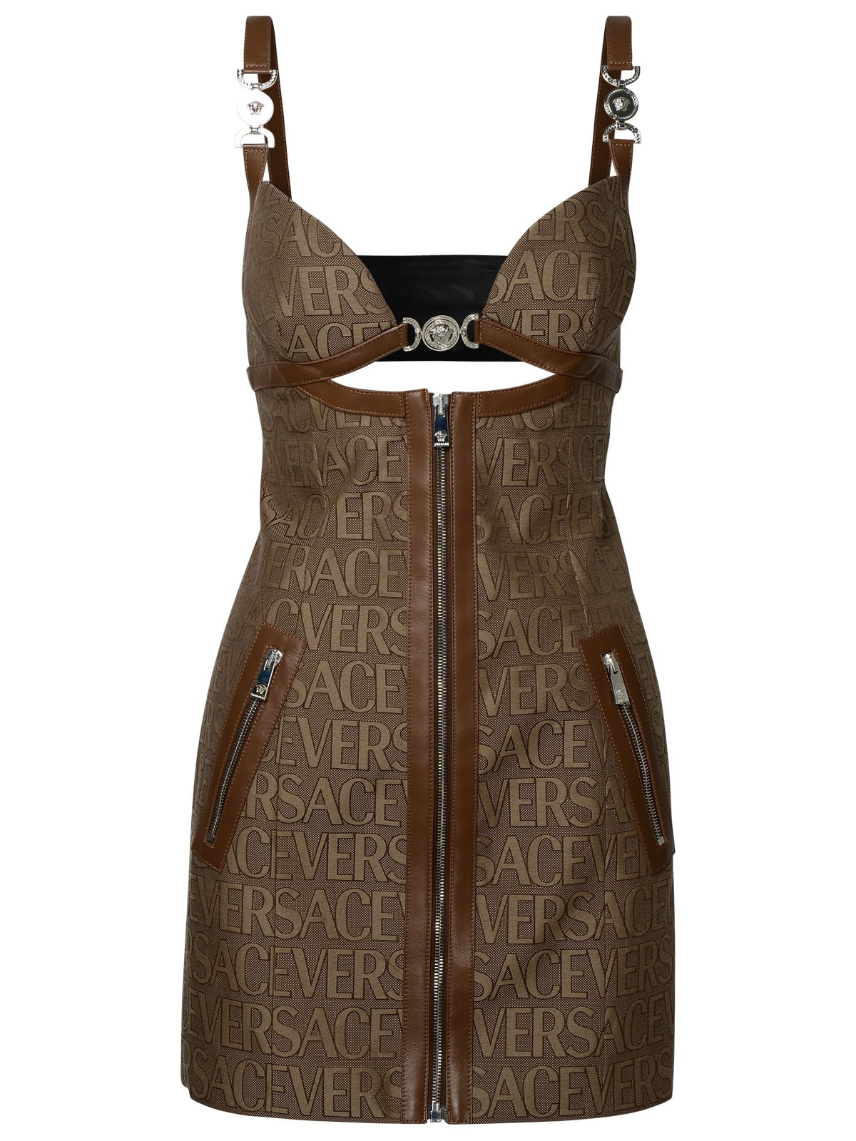 Shop Versace Beige Cotton Blend Dress In Brown