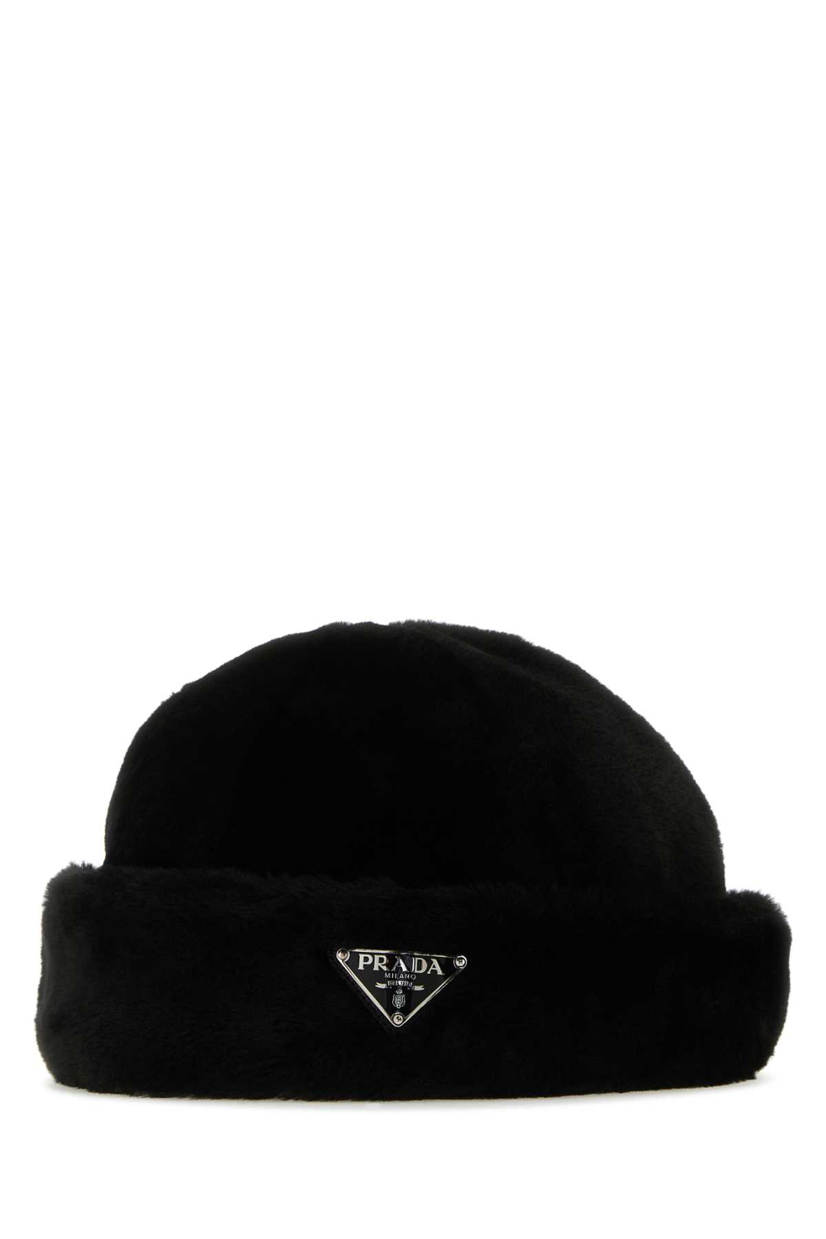 Shop Prada Black Shearling Padded Hat In Nero