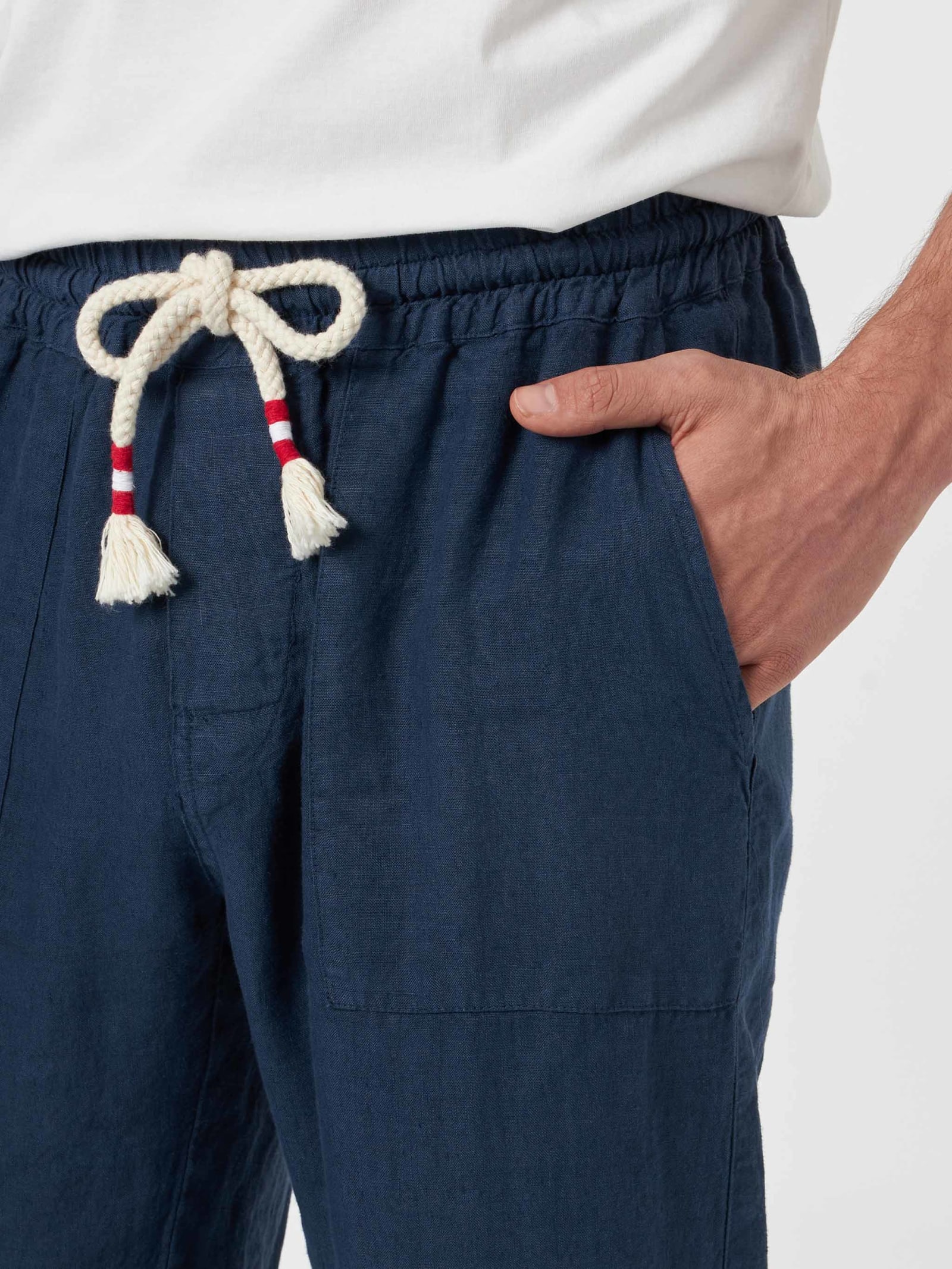 Mc2 Saint Barth Man Navy Blue Linen Calais Pants With Drawstring In Blue
