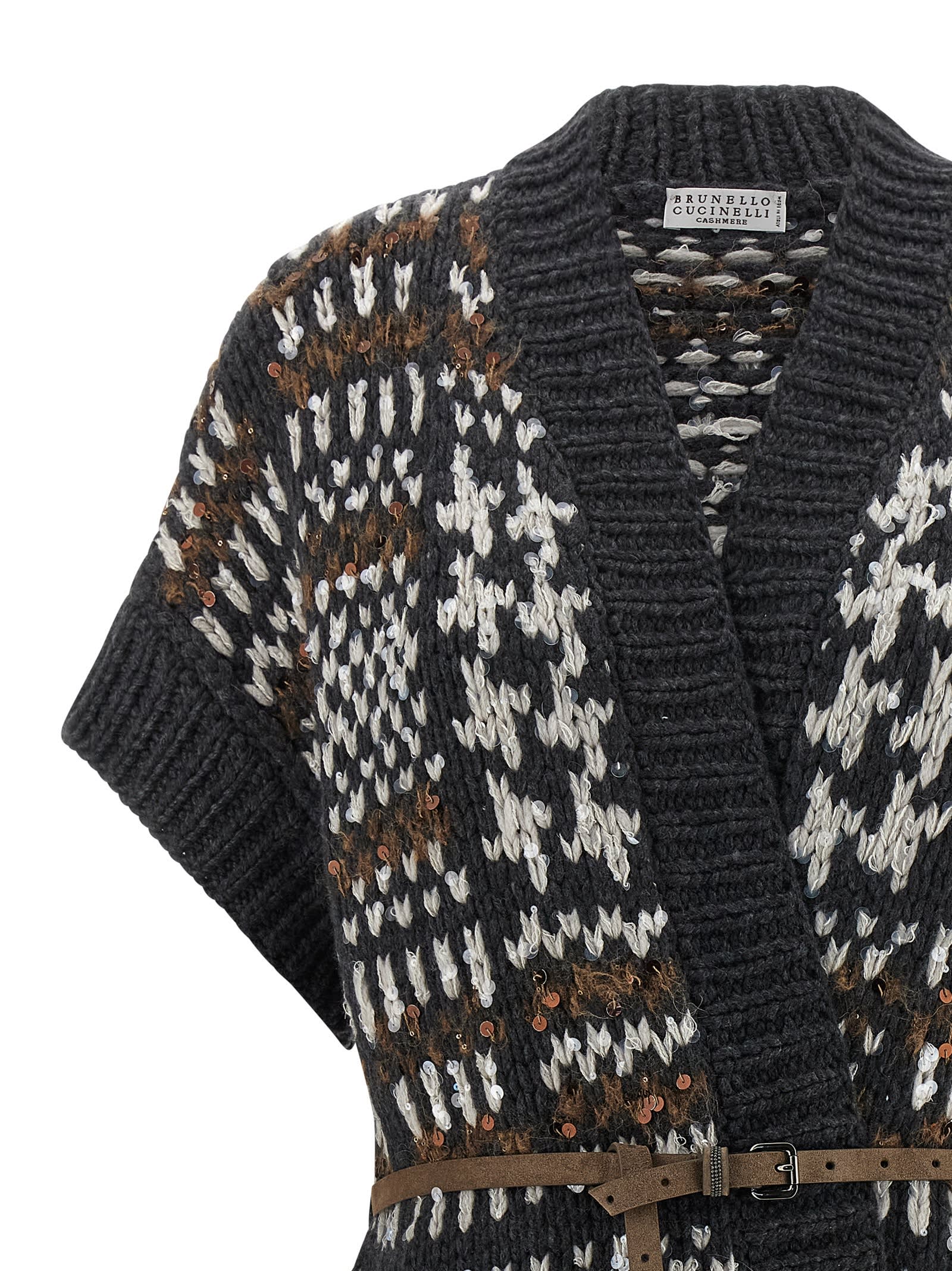 Brunello Cucinelli Houndstooth-pattern Short-sleeve Cardigan In Gray