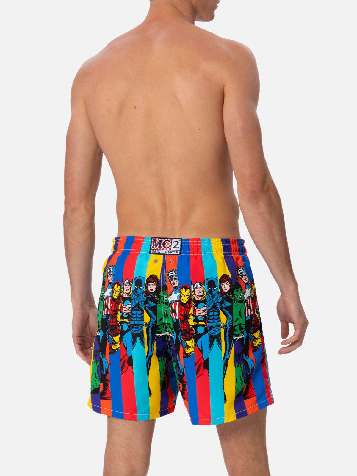 Mc2 Saint Barth Man Mid-length Gustavia Swim-shorts With Marvel Characters Placed Print Marvel Special Edition In White